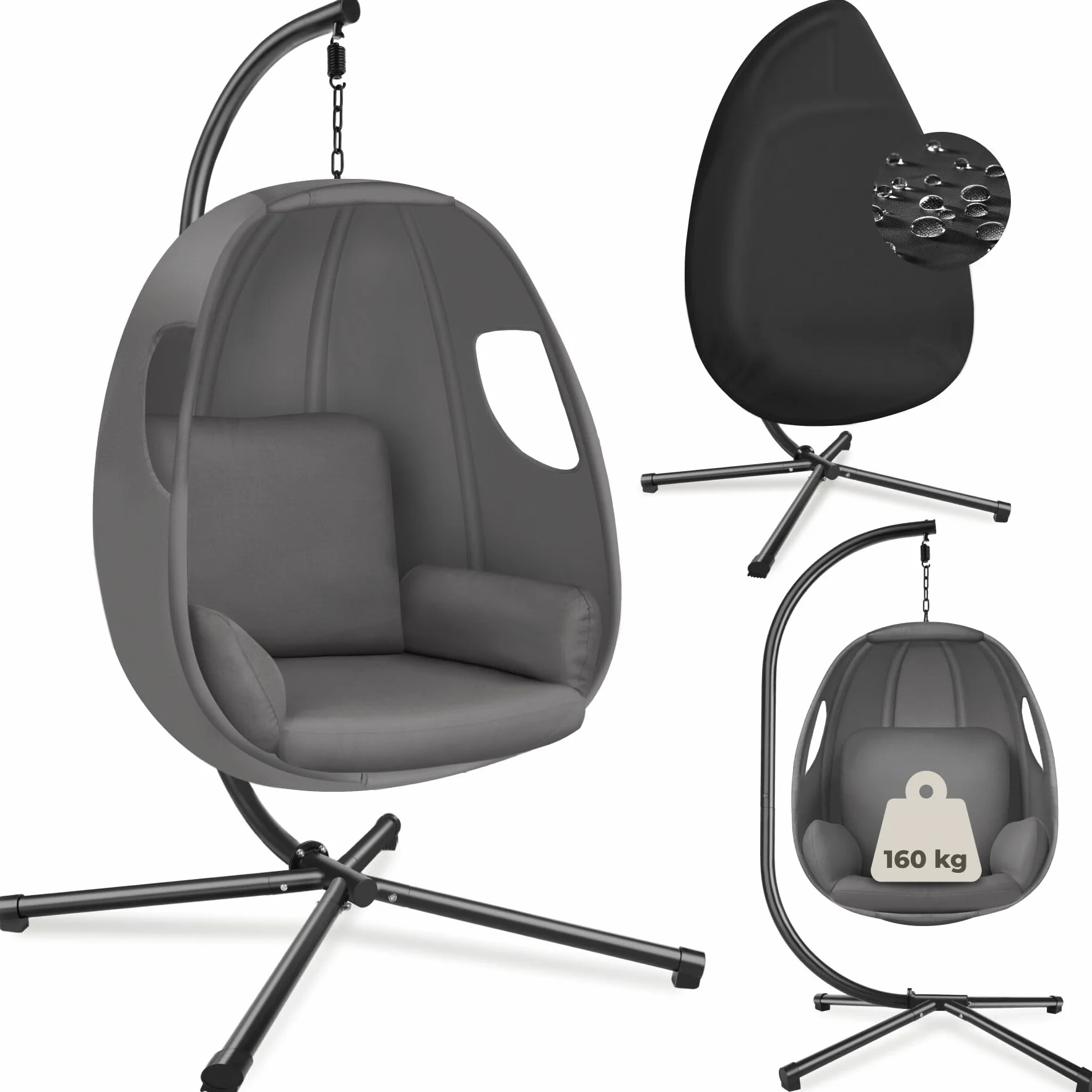 tectake® Poltrona Sospesa con Cuscino Spesso, Sedia Sospesa da Giardino Soggiorno e Terrazza, Schienale e Braccioli Imbottiti, Resistente alle Intemperie, Cover Protettiva, MAX 160 kg - Antracite