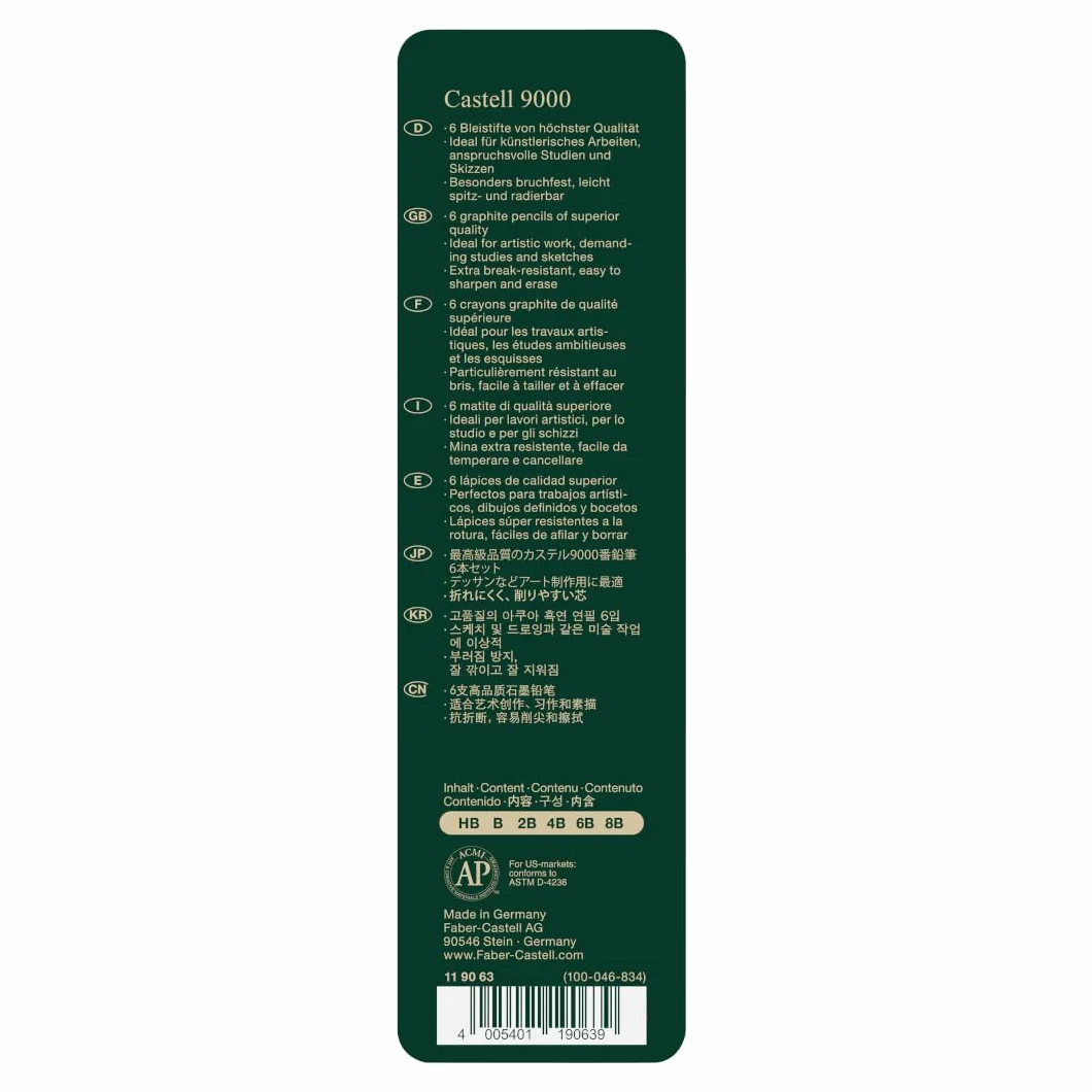 Faber-Castell Castell 9000 Set di 6 Matite, Gradazioni Hb-8B, Grafite per Schizzi e Disegno