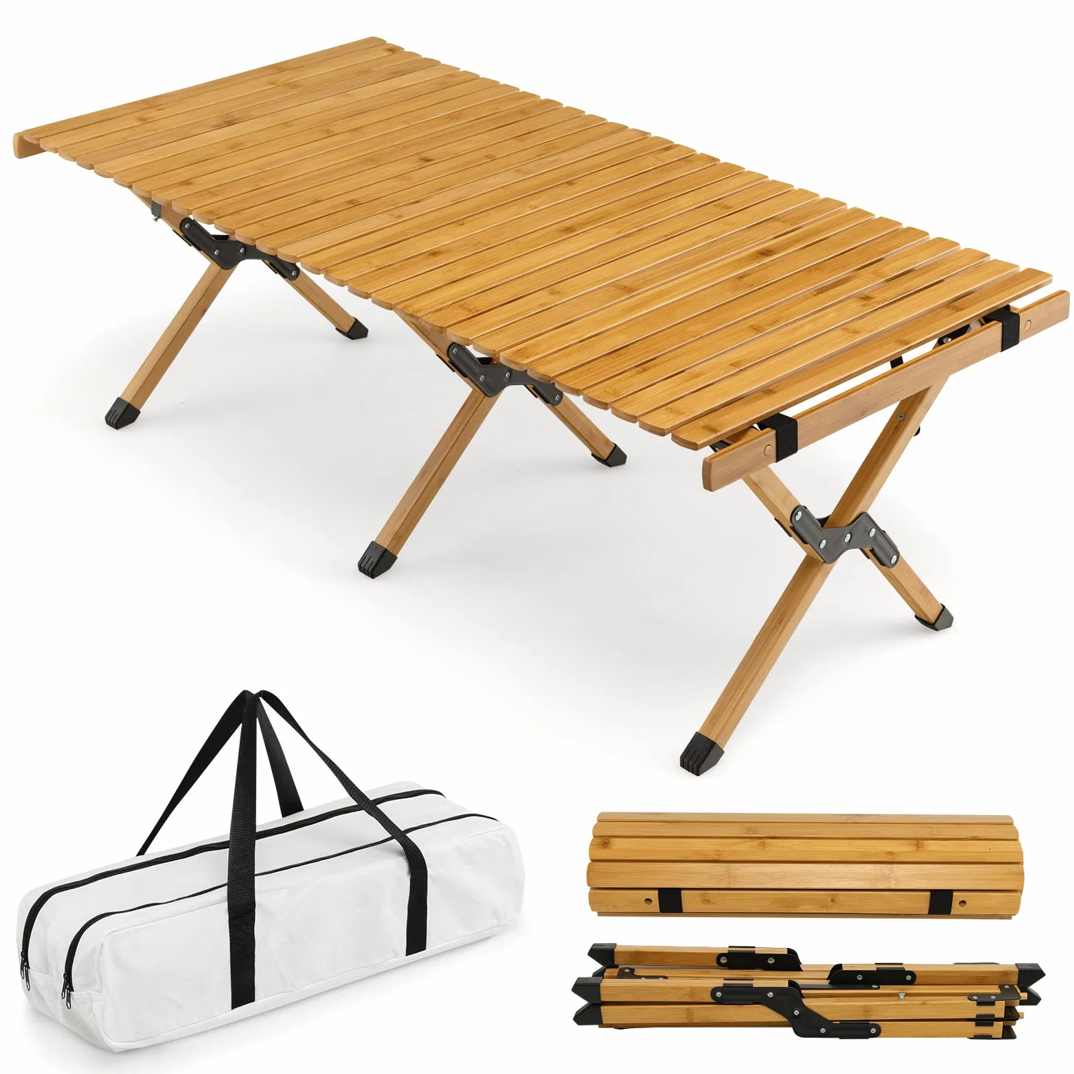 KOMFOTTEU Tavolo Pieghevole da Esterno, Tavolo da Picnic da Campeggio in Bambù, per 4-6 Persone, Tavolo Portatile con una Borsa, la Portata di 50kg, 122 x 60 x 43,5cm (Yellow)