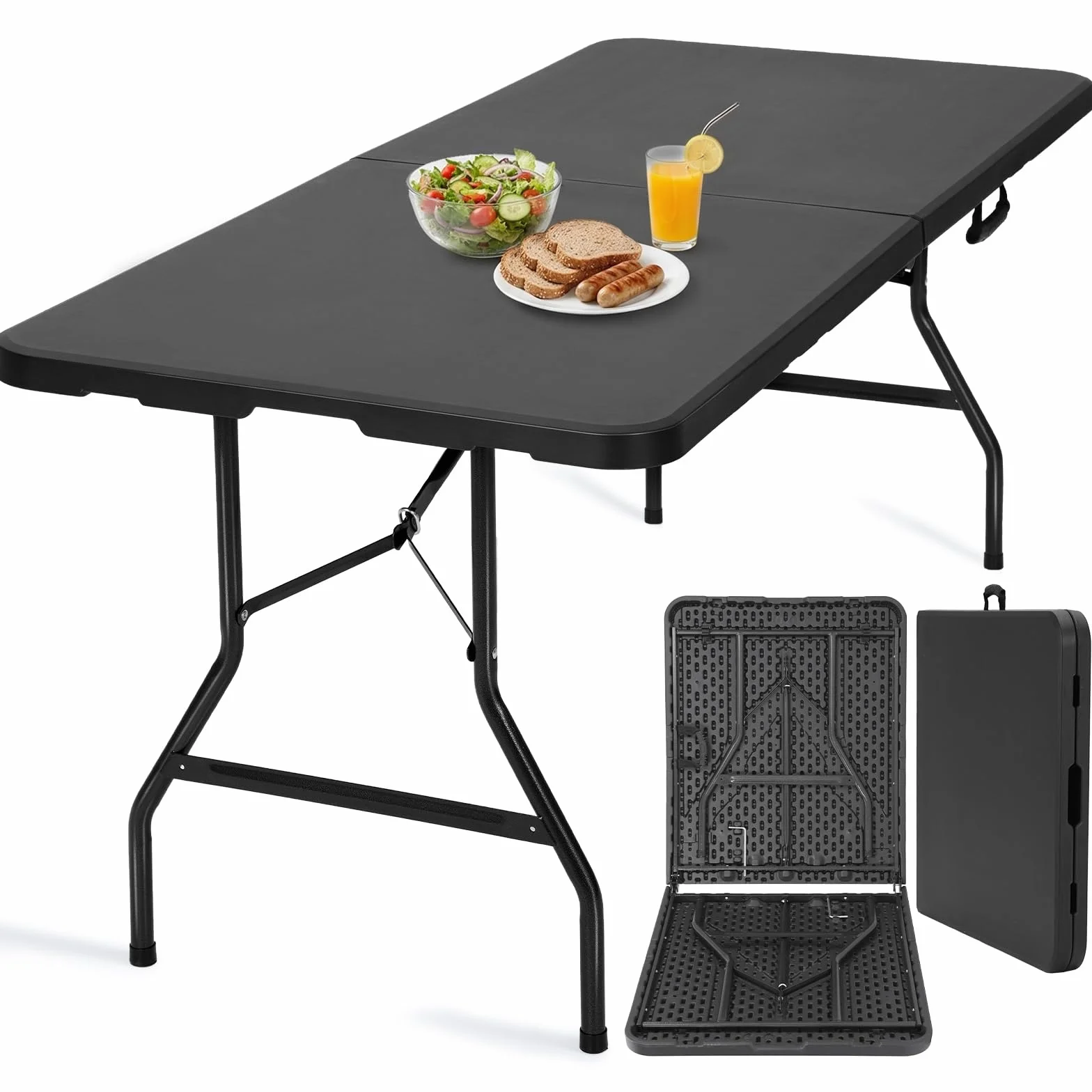 Velway Tavolo Pieghevole da Esterno 180x75x73cm - Portatile Tavolo Pieghevole Campeggio per 6-8 Persone con Maniglia e Blocco di Sicurezza Salvaspazio per Giardino, Feste Buffet, Mercatini - Nero