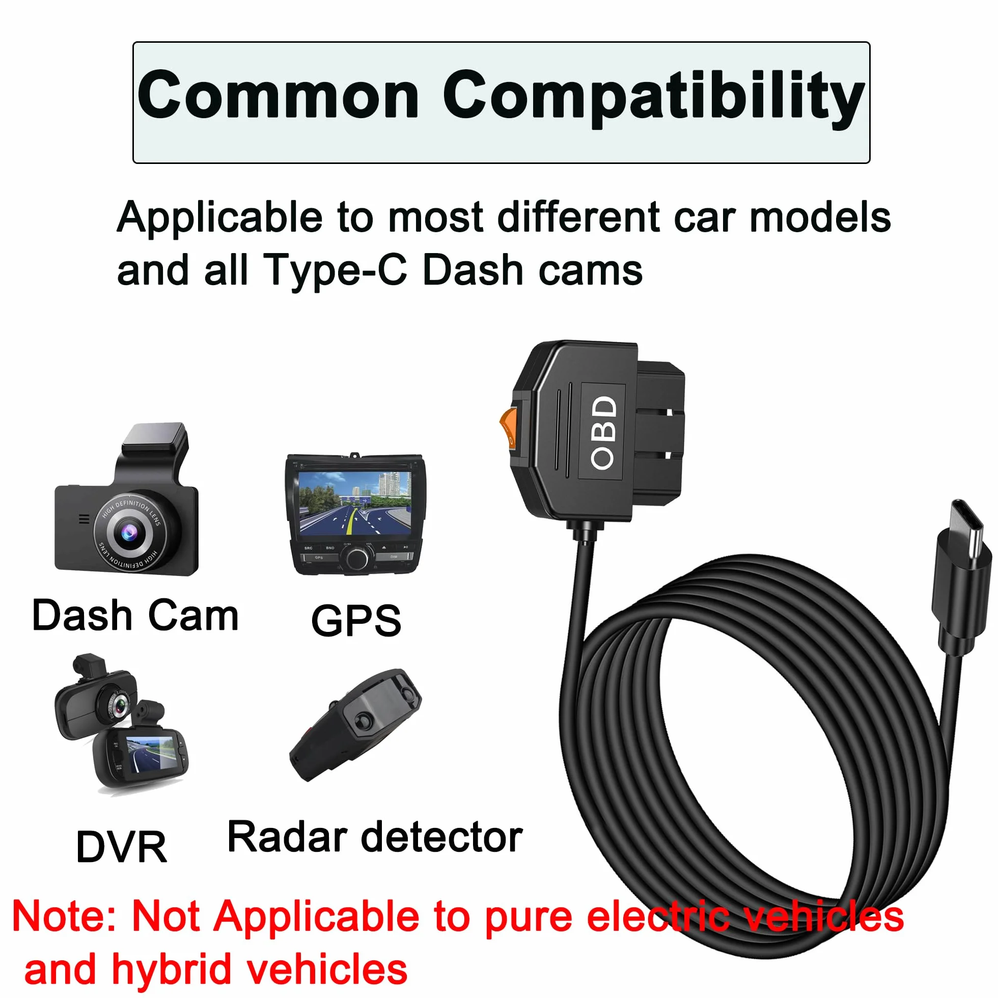 OBD Power Cable for Dash Camera, OBD2 to USB C Adapter, 12-24V to 5V 3A, 24h Parking Mode with Switch, 3.5M