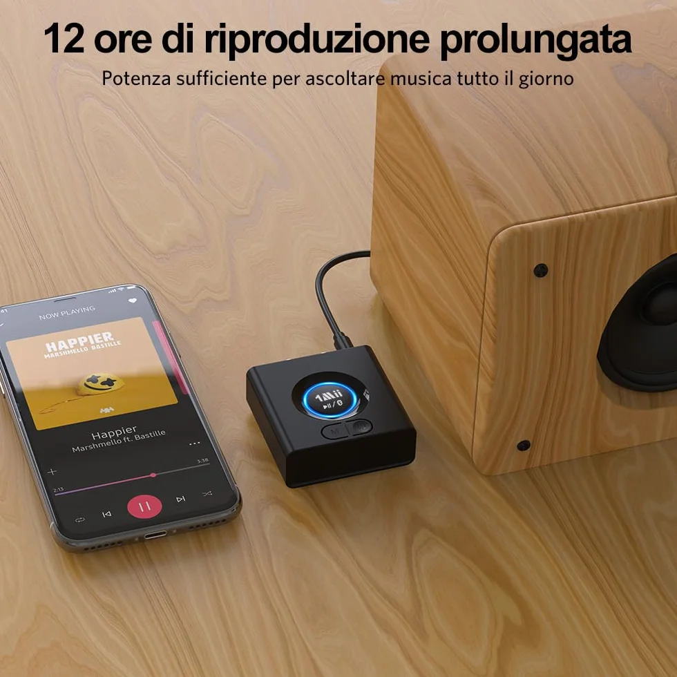1Mii Ricevitore Bluetooth Senza Fili HiFi, Adattatore Audio Bluetooth RCA/AUX 3,5mm per Impianto Stereo, Autonomia 12H, Bassa Latenza