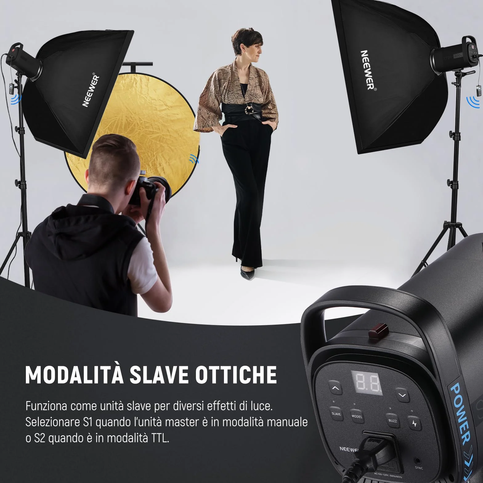 NEEWER S101-400W Strobo Flash 150W Lampada Pilota 9 Livelli 400W GN65 5600K Riflettore Standard Attacco Bowens Ventola Silenziosa S1/S2