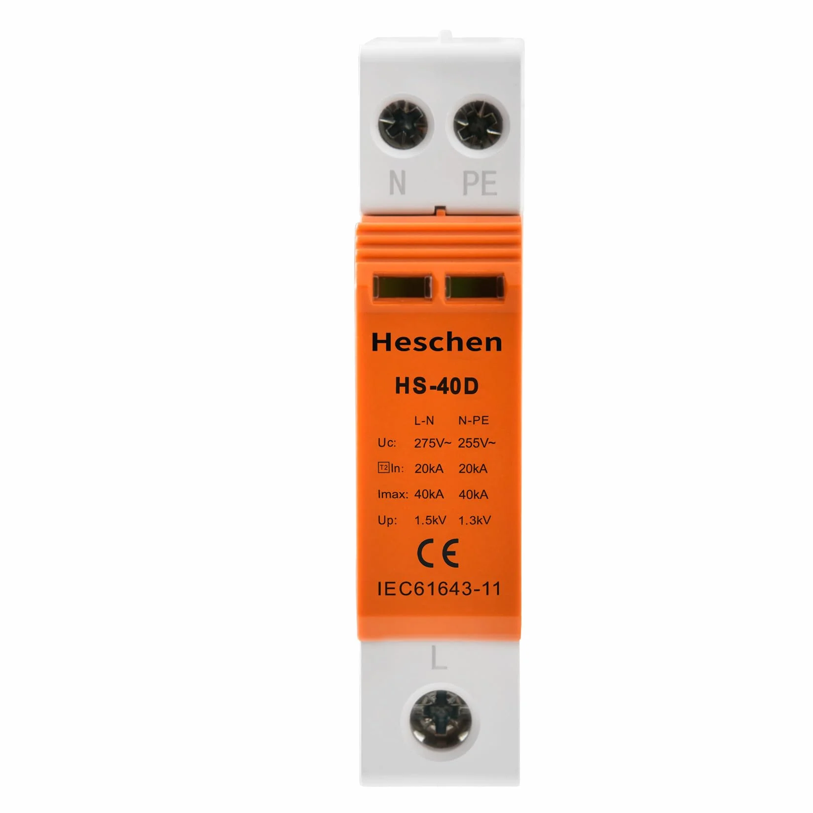 Heschen HS-40D SPD Dispositivo di Protezione Sovratensione 275VAC 20KA 1+NPE L-Line Down Ignifugo Guida DIN 35mm