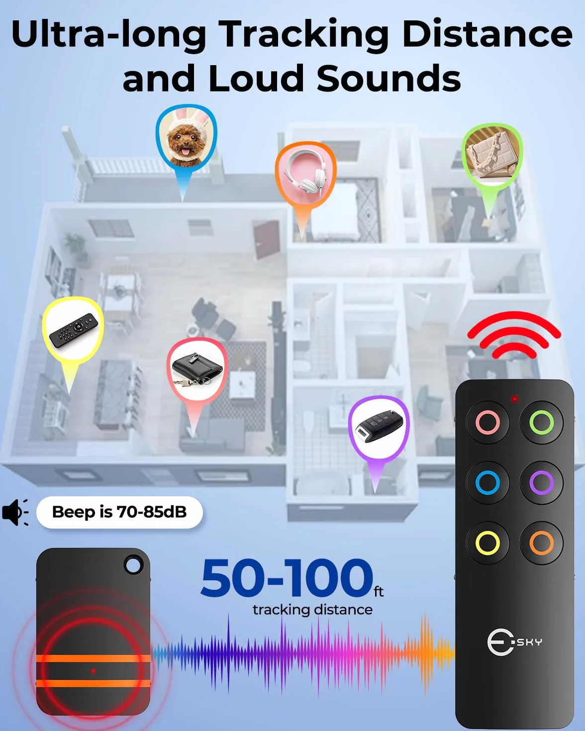 Esky Localizzatore Chiavi Trasmettitore Wireless 6 Ricevitori RF per Animali Domestici Chiavi Portafogli