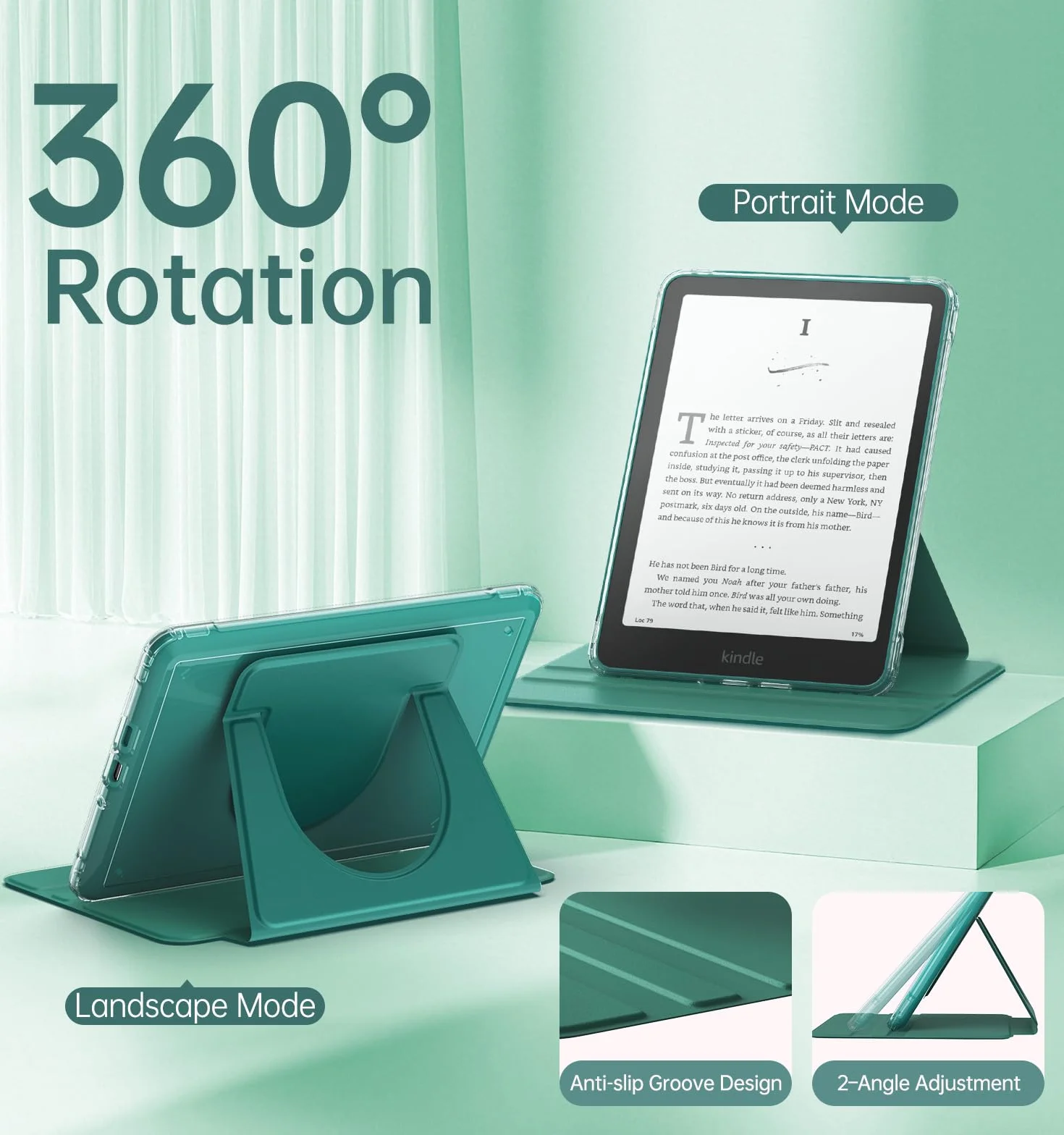 MoKo Custodia Girevole 360° per 7" Kindle Paperwhite 12a Gen 2024 e Kindle Colorsoft 2024/2025, Magnetica con Auto Wake/Sleep, Verde Giada