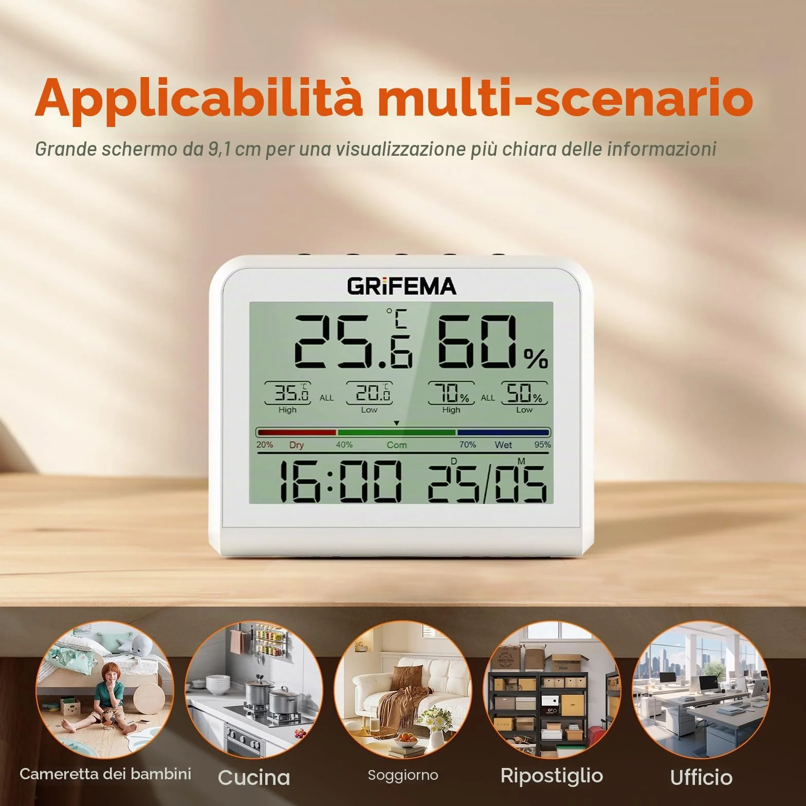 GRIFEMA GA2901 Termometro Igrometro Digitale con Retroilluminazione, Registrazione Max/Min, Bianco