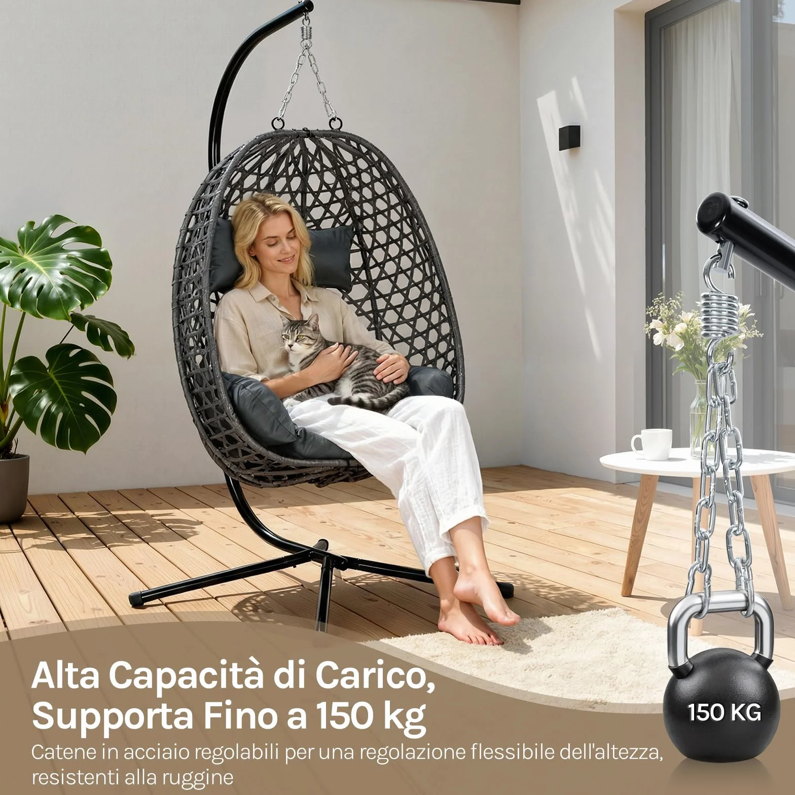 WOLTU Poltrona Sospesa a Uovo con Supporto in Metallo, Cuscino e Poggiatesta, Rattan PE, 102x100x196 cm, Grigio
