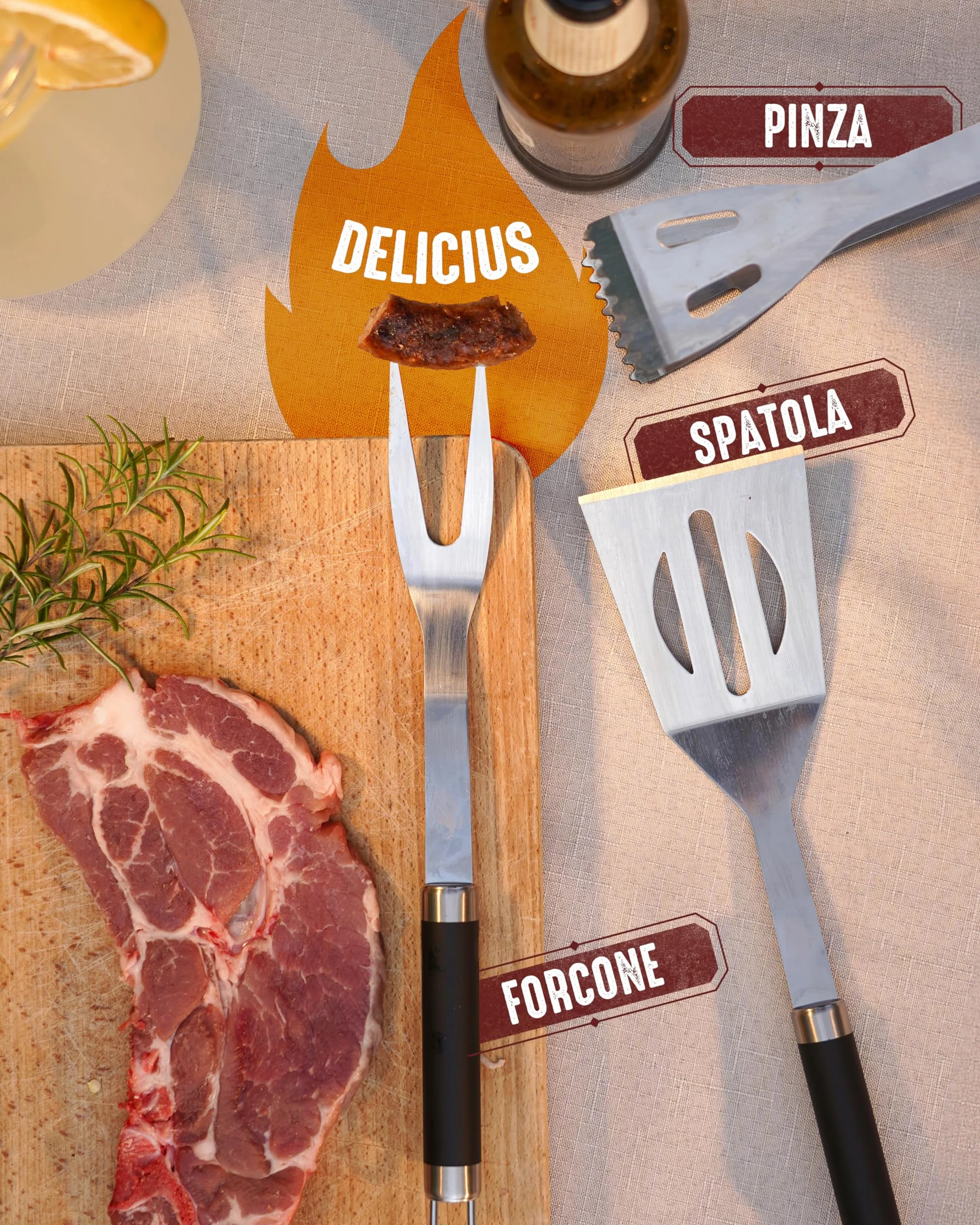 HORUS 23® - Set Accessori Barbecue Professionale con Borsa Porta Attrezzi Barbecue - 4 Accessori BBQ: Pinze, Spatola, Forchettone e Guanto Ignifugo