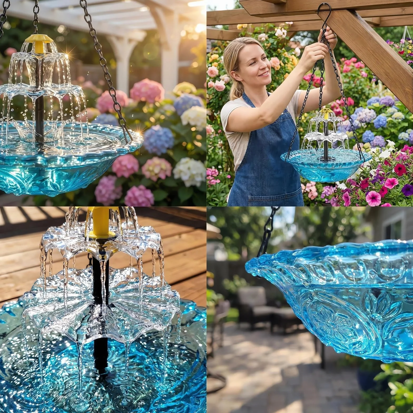 Vaschetta per Uccelli Appendibile con Fontana Solare a Cascata, Vaschetta per Uccelli con Pompa Solare Appendibile, Acqua Appendibile, Attrae Colibrì e Uccelli Selvatici, Decorazione da Giardino