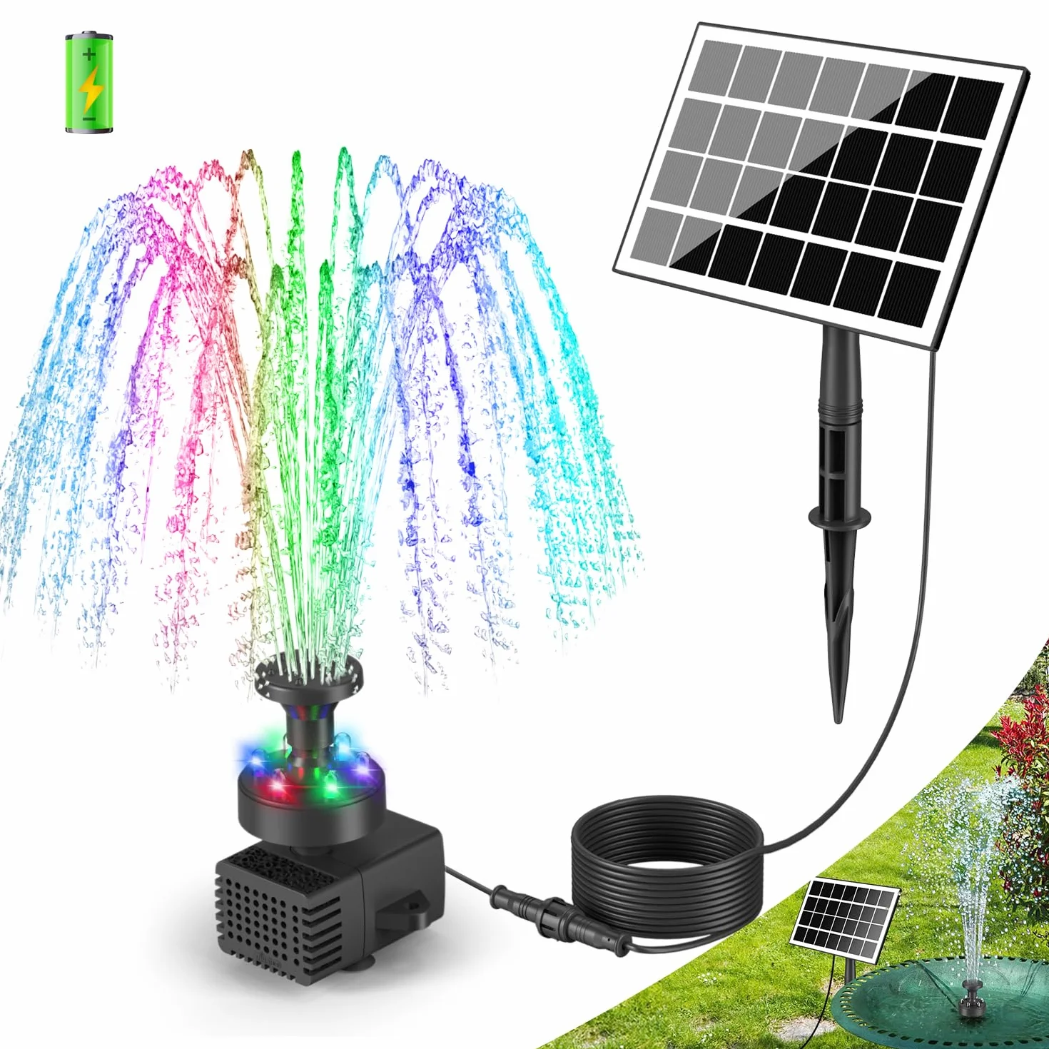 SZMP Fontana Solare da Giardino Esterno 3.5W Pompa Solare per Fontana 2025 Upgraded,16.4ft Piedi con Luci LED,2000mAh Batteria,8 Effetti Ugelli per Laghetto,Acquario,Stagno o Decorazione del Giardino