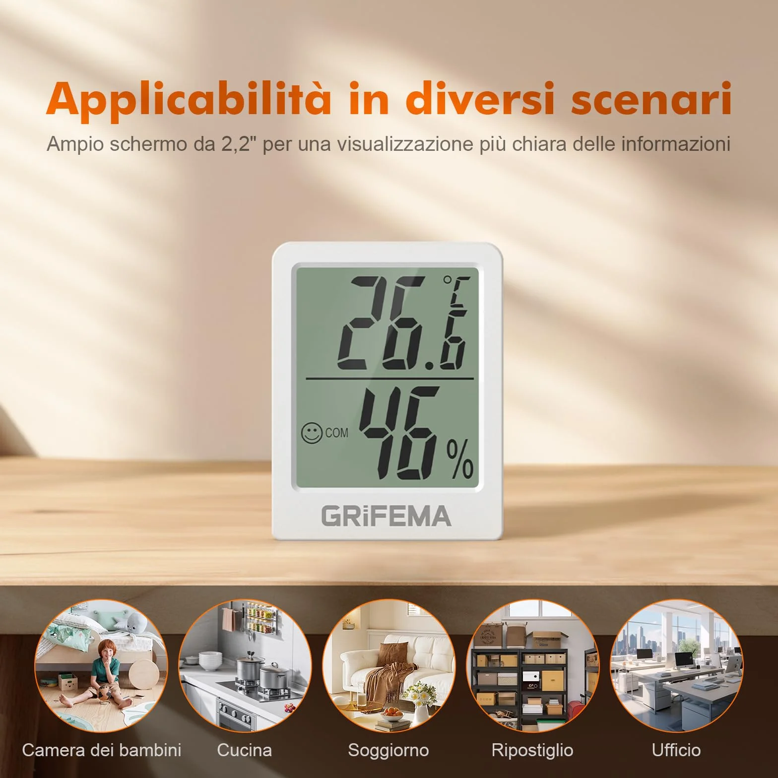 GRIFEMA GA2902 Mini Termometro Digitale Interno Igrometro, Misuratore di Umidità, Bianco