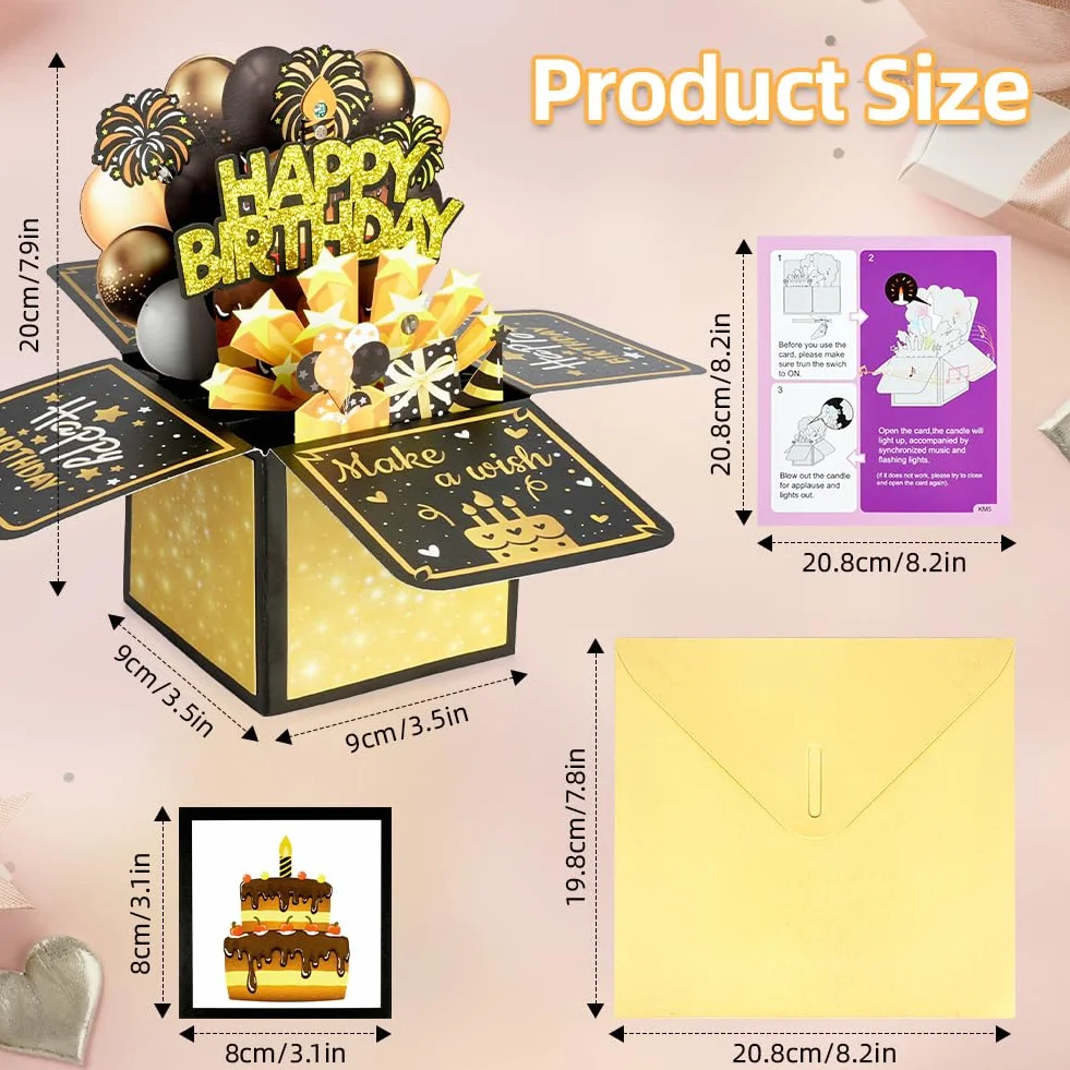 Vicloon Biglietti di Compleanno 3D con Musica e Luci, Pop Up Happy Birthday Card, Spegnere Candele LED