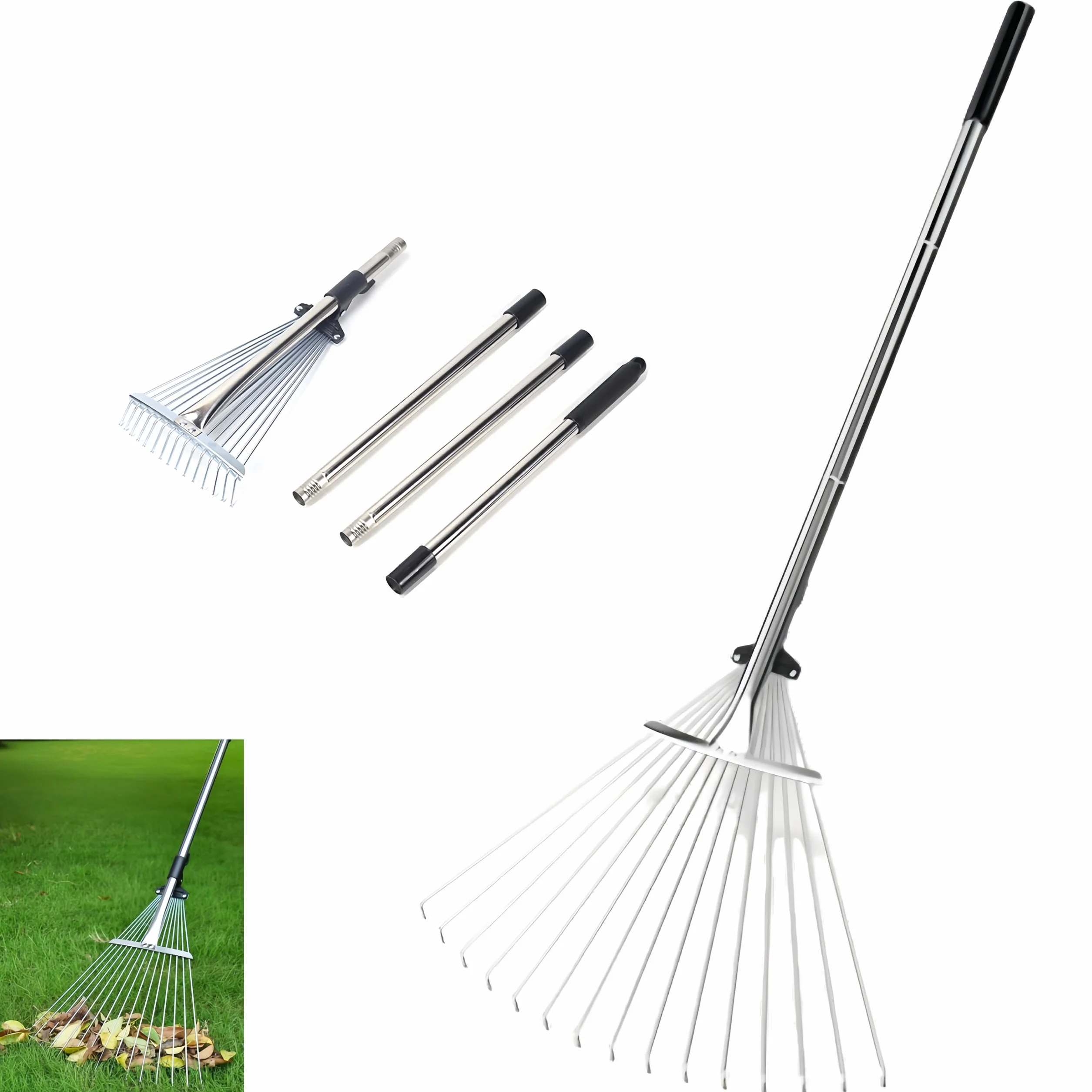 Rastrello da giardino per foglie, rastrello regolabile in metallo resistente per prati, manico lungo 85-175 cm con testa espandibile 17-37 cm, attrezzi da giardino per cortile, prato, arbusti, aiuole