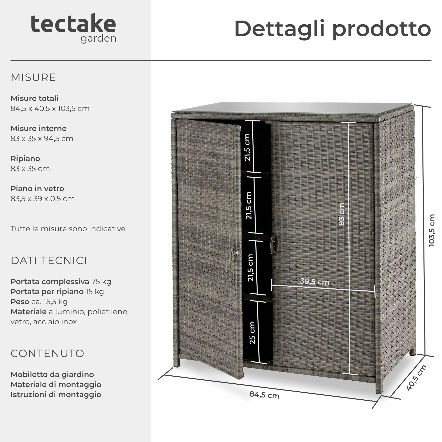 Tectake Armadio da Giardino in Rattan 84x40x103 cm 4 Scomparti Grigio