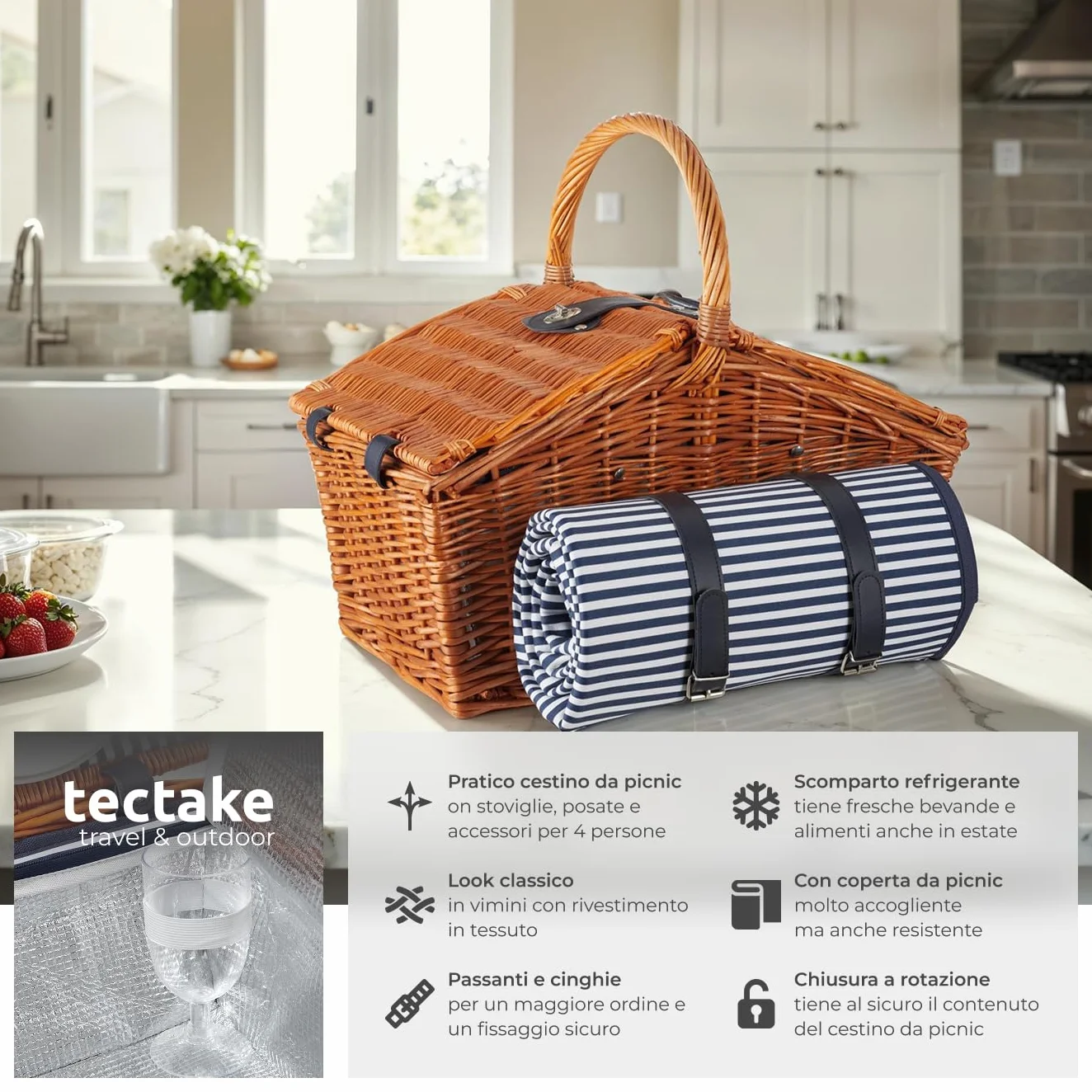 tectake®, cestino picnic 4 persone, cesto picnic vimini, coperta impermeabile, scomparto refrigerante, set picnic 23 pezzi, cestino termico picnic, camping accessori, camper, cesto picnic - Usedom