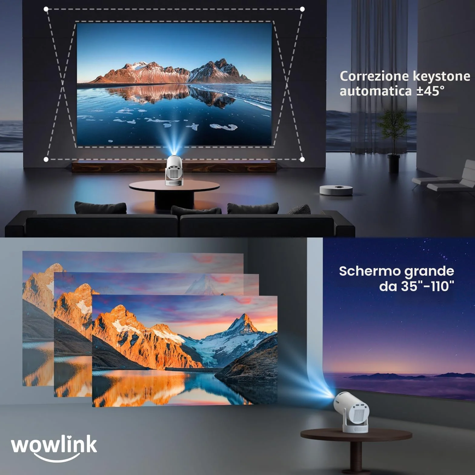 Mini Proiettore WiFi 6 Bluetooth 5.4 4K 1080P Auto Keystone Rotabile 180° Portatile HDMI Bianco
