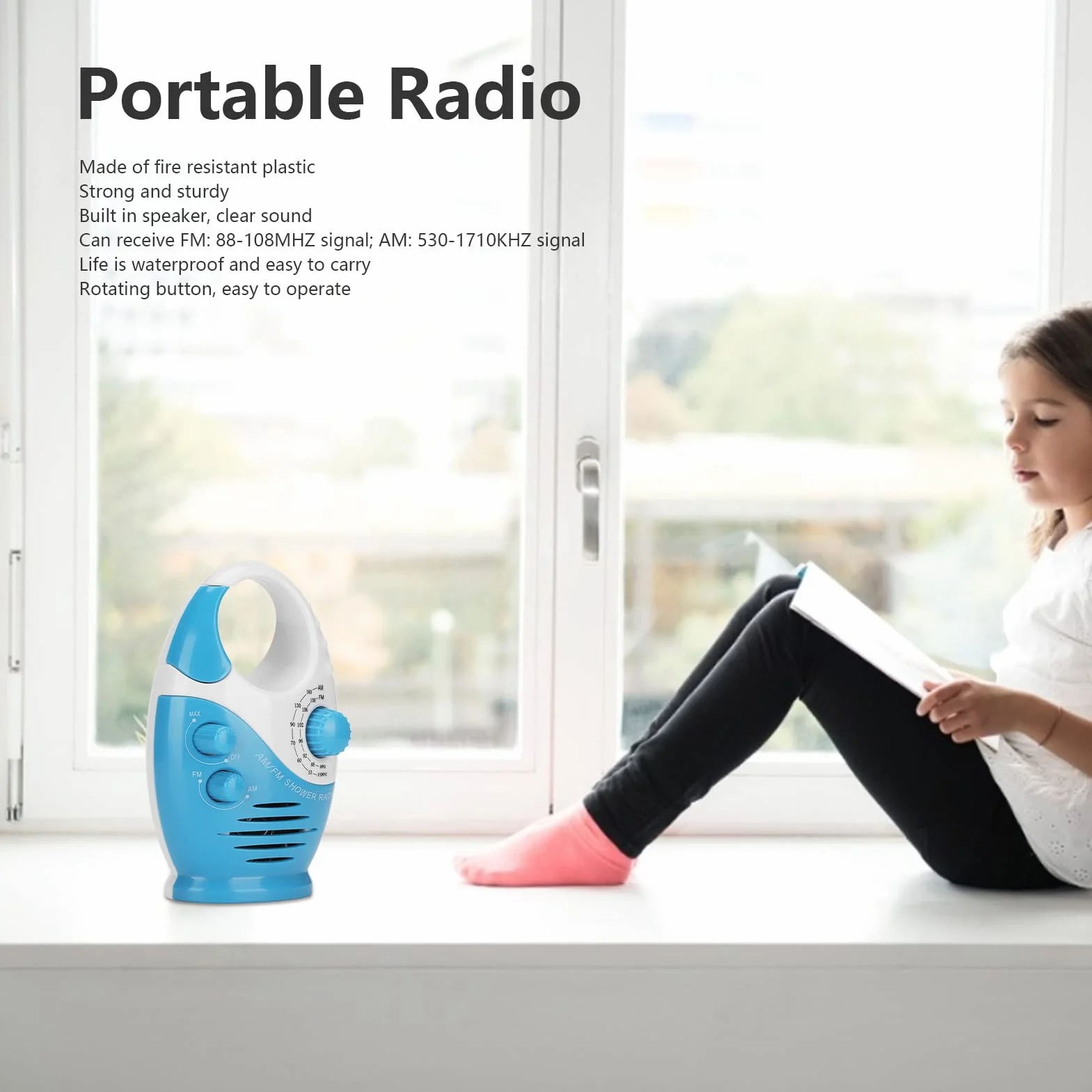 Yunseity Radio impermeabile AM FM portatile con gancio e batteria per doccia bagno