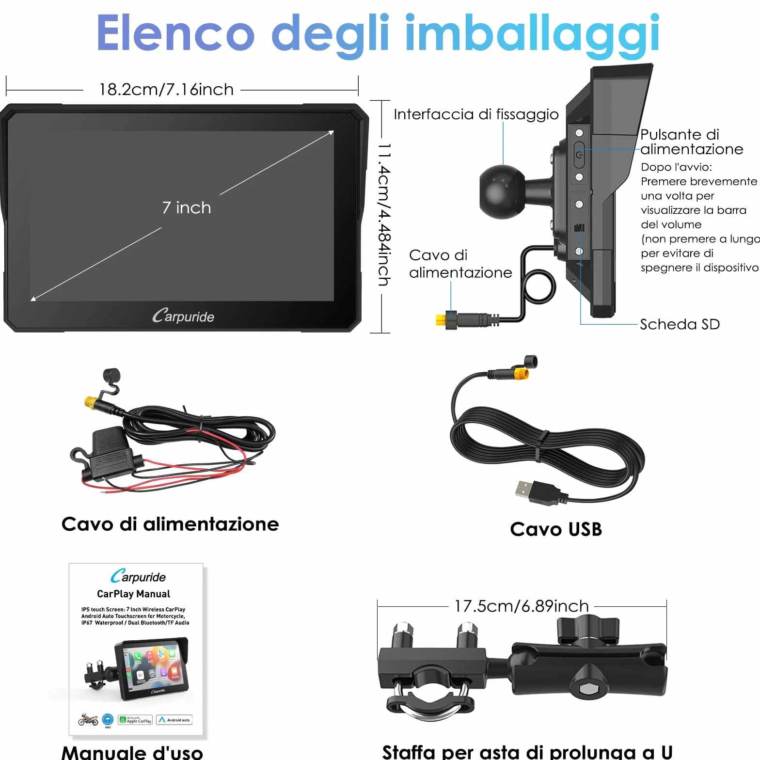 Carpuride W702 Schermo CarPlay Moto 7" Touchscreen Impermeabile GPS Bluetooth