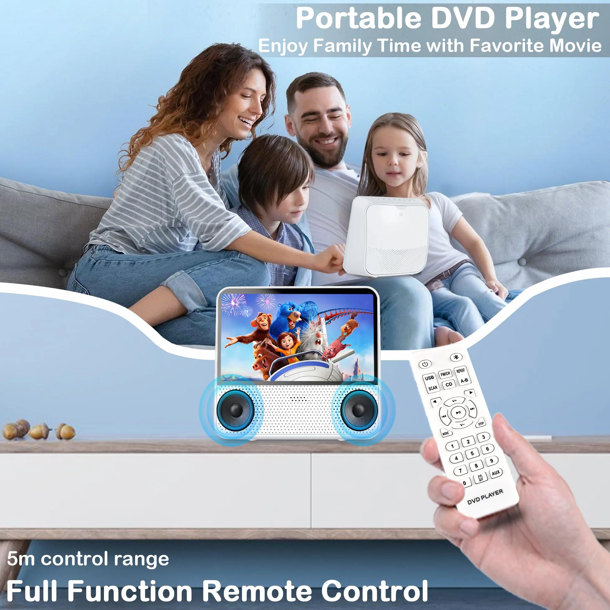 Lettore DVD Portatile Bluetooth 4000mAh Ricaricabile Region Free per Auto con Altoparlanti Integrati Doppi