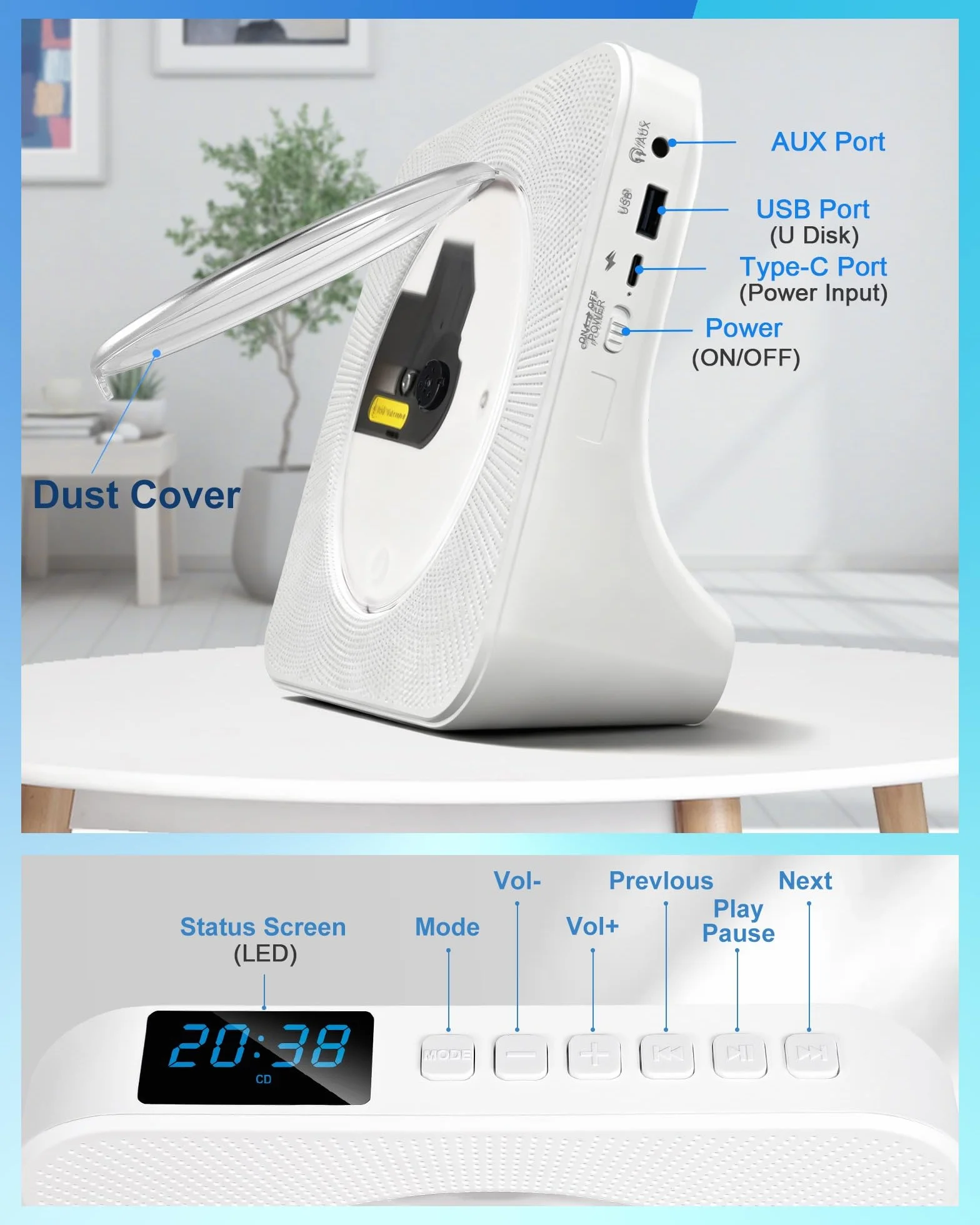 Lettore CD Portatile Ricaricabile 4000 mAh Bluetooth Doppio Altoparlante HIFI Bianco