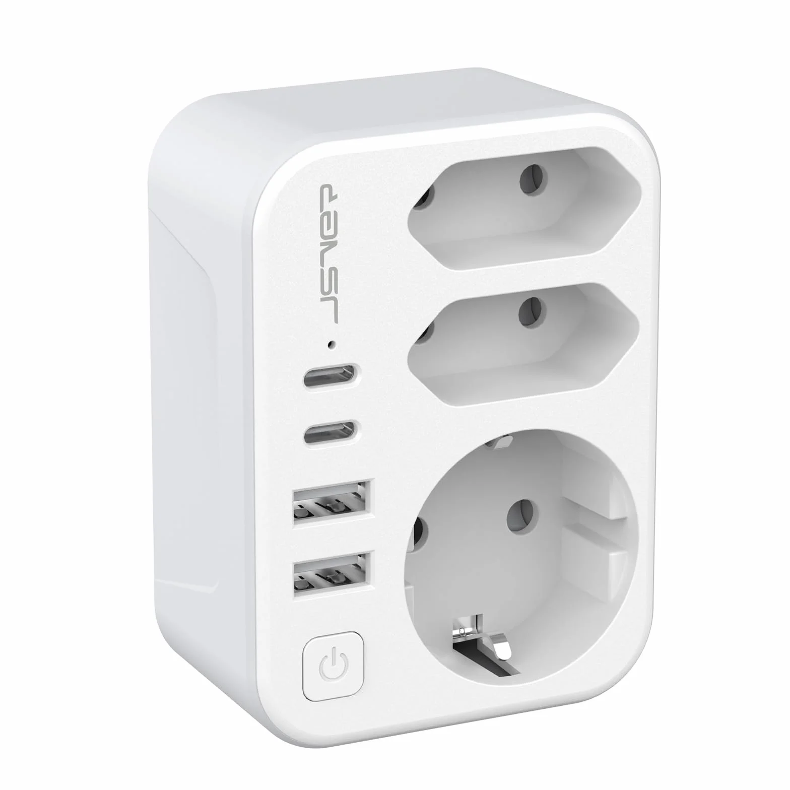 JSVER Adattatore da viaggio mondiale tipo G/B/C/C/F 2 porte USB C 2 porte USB A 3,4 A 17 W Bianco