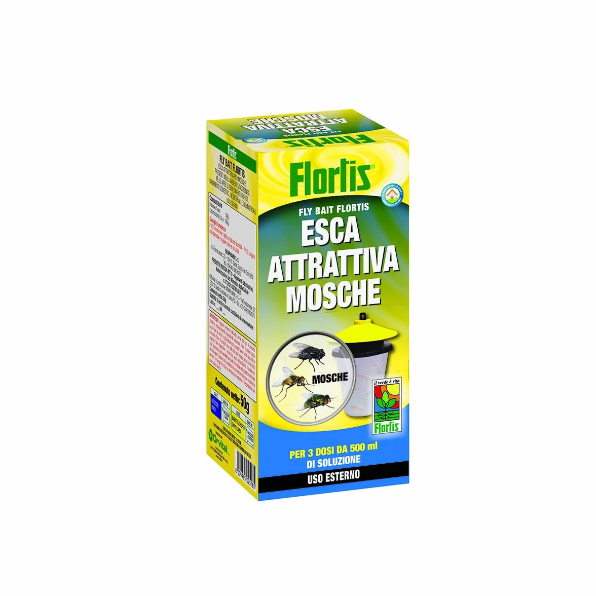 Flortis Esca attrattiva mosche per la cattura delle mosche. Prodotto biocida uso esterno. 3 dosi per 500ml di trappola mosche esterno. Esca mosca, moscone e insetti. Antimosche attrattivo granulare.