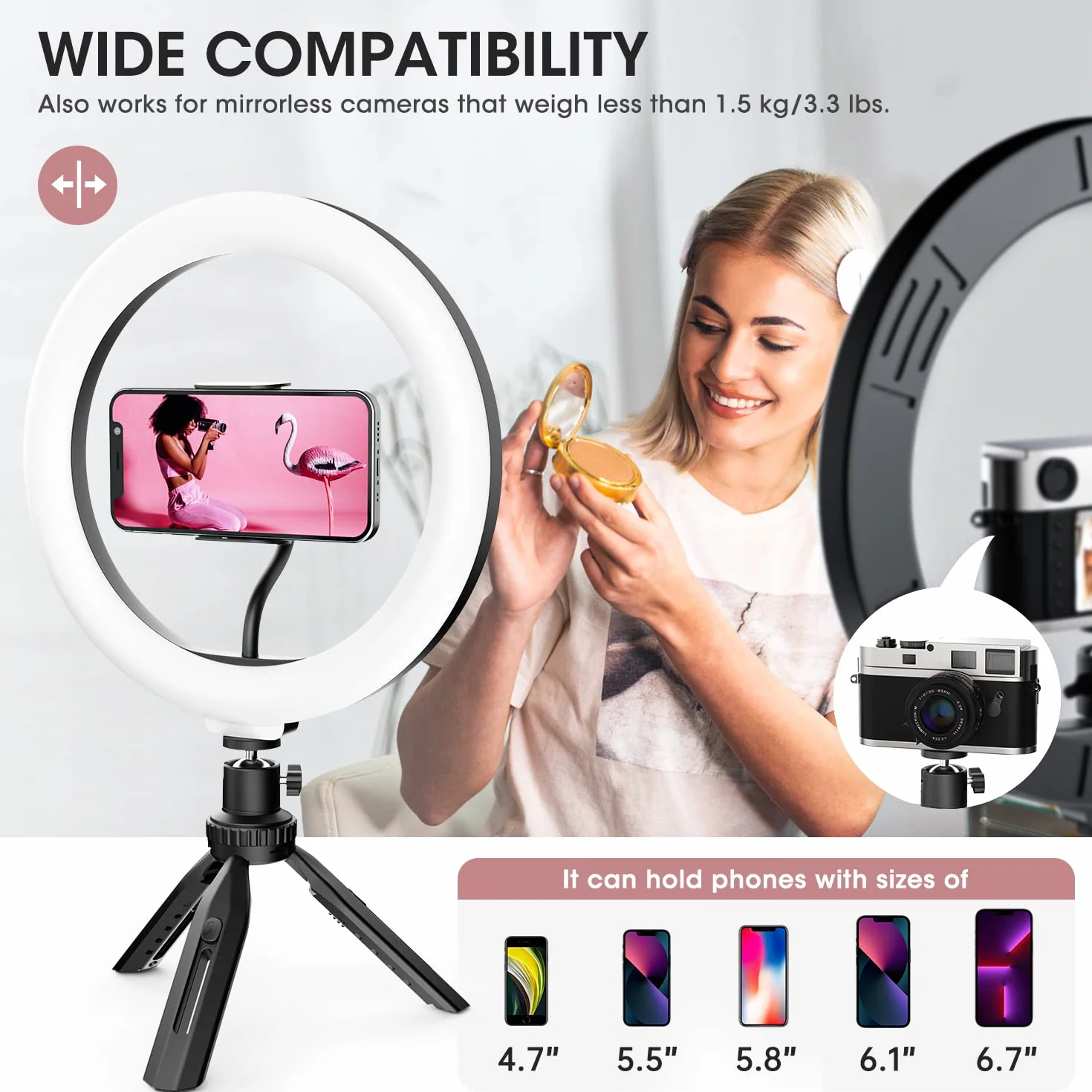 RealPlus 10" Selfie Ring Light, Luce ad Anello per Telefono, 120 LED, 3 Modalità di Illuminazione, Ricaricabile a Clip