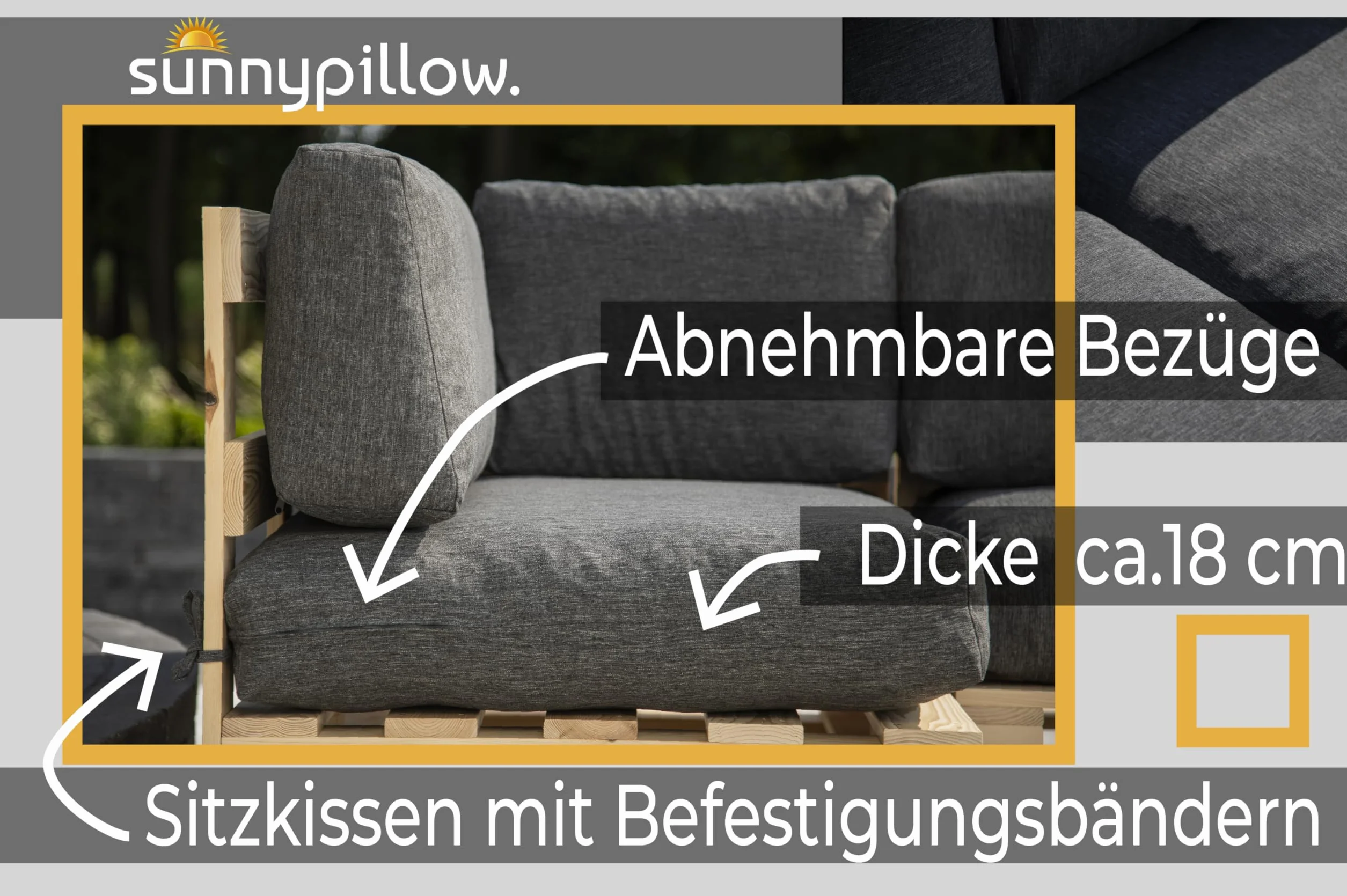 Sunnypillow Cuscino-schienale 120 x 40 cm - Cuscini per divano in pallet impermeabile UV - fodere lavabile - schiuma fredda grigio