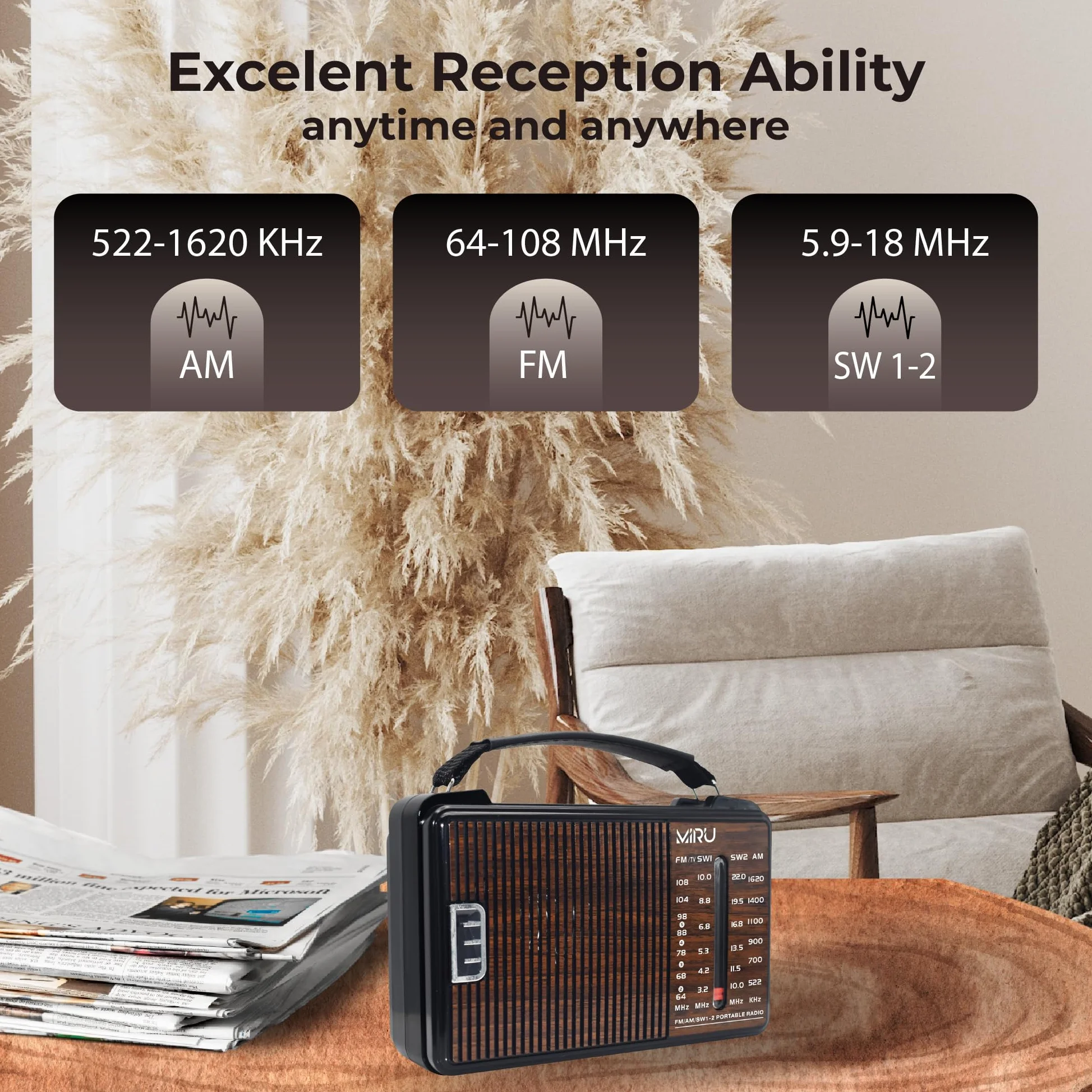 MIRU Radio Portatile AM/FM/SW SR-1021 con USB, Antenna Telescopica, 220V, Nero Legno