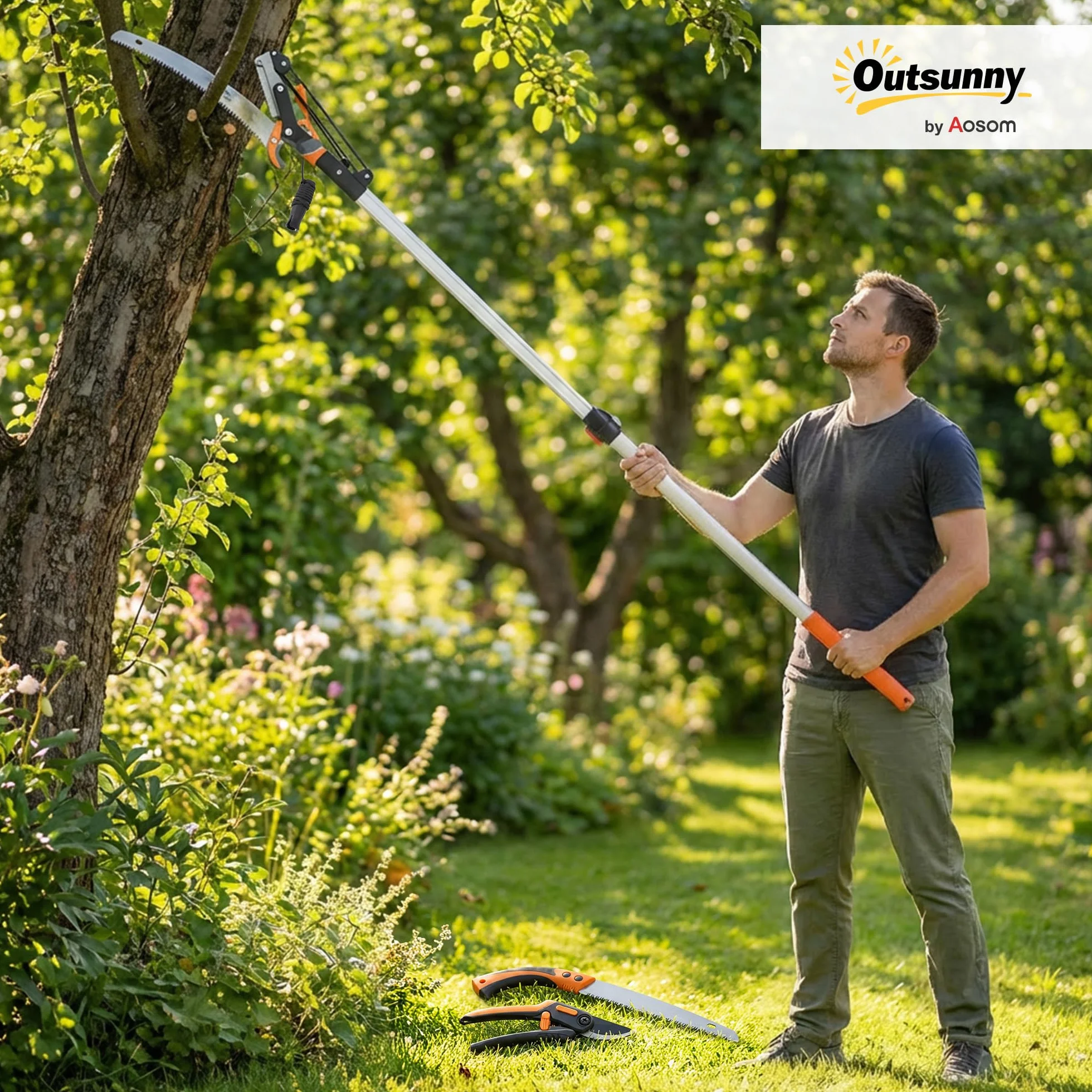 Outsunny Seghetto Manuale da Giardino 2-in-1 con Asta Telescopica in Alluminio 135-199cm