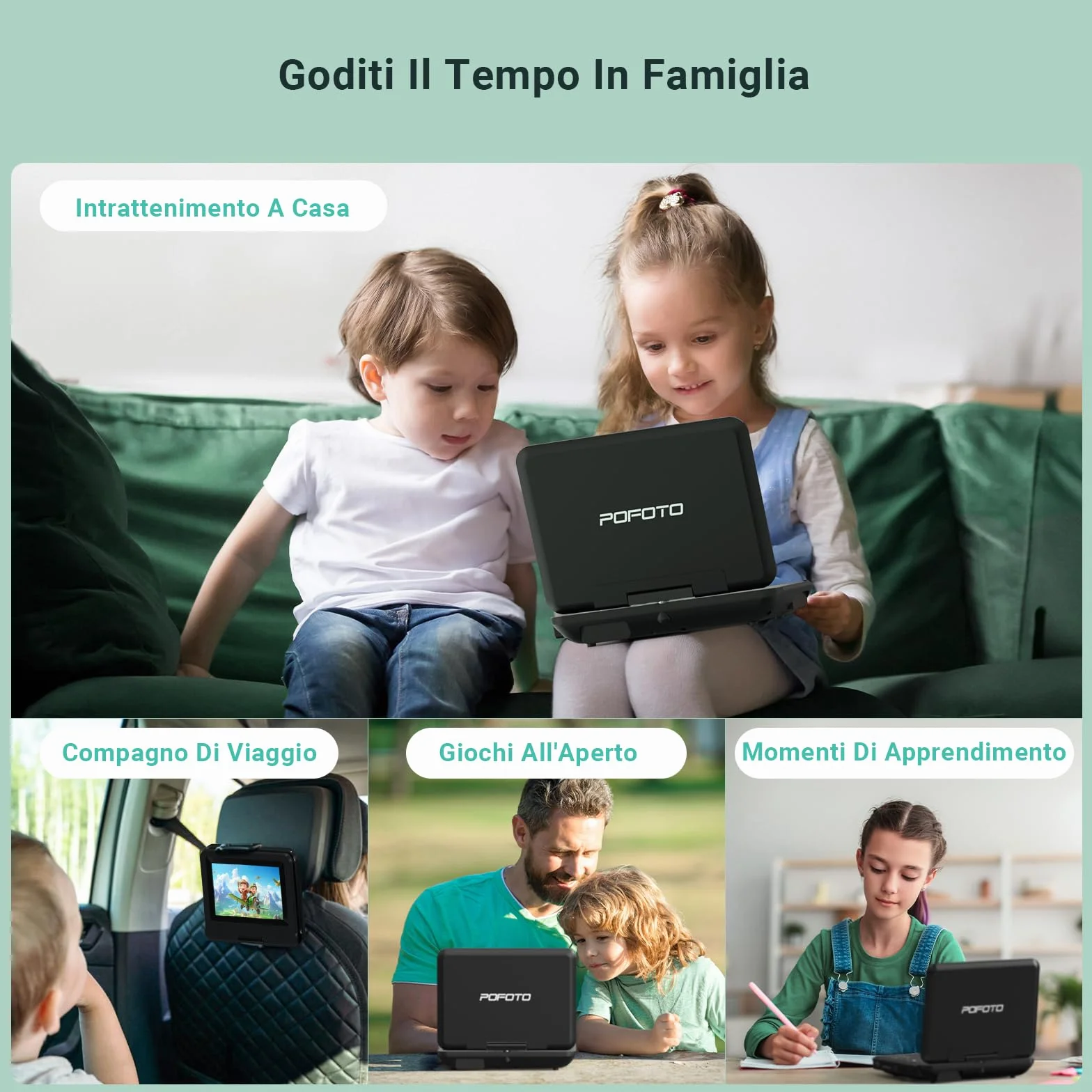 POFOTO Lettore DVD Portatile 9,5'' Schermo HD Ruotabile 7,5'' Batteria 4-6 Ore Supporto Multiformato Dischi SD USB Antiurto