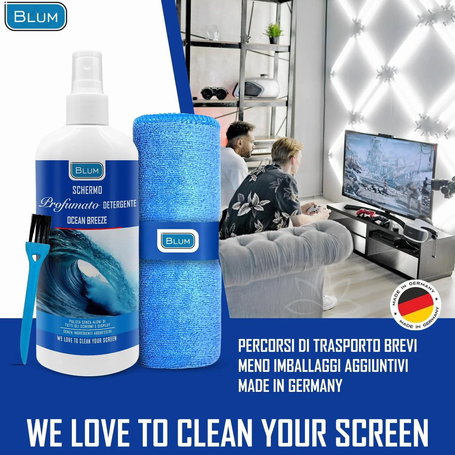 Blum Detergente schermi OCEAN BREEZE 250ml + panno microfibra 30x30cm Pulitore TV laptop monitor