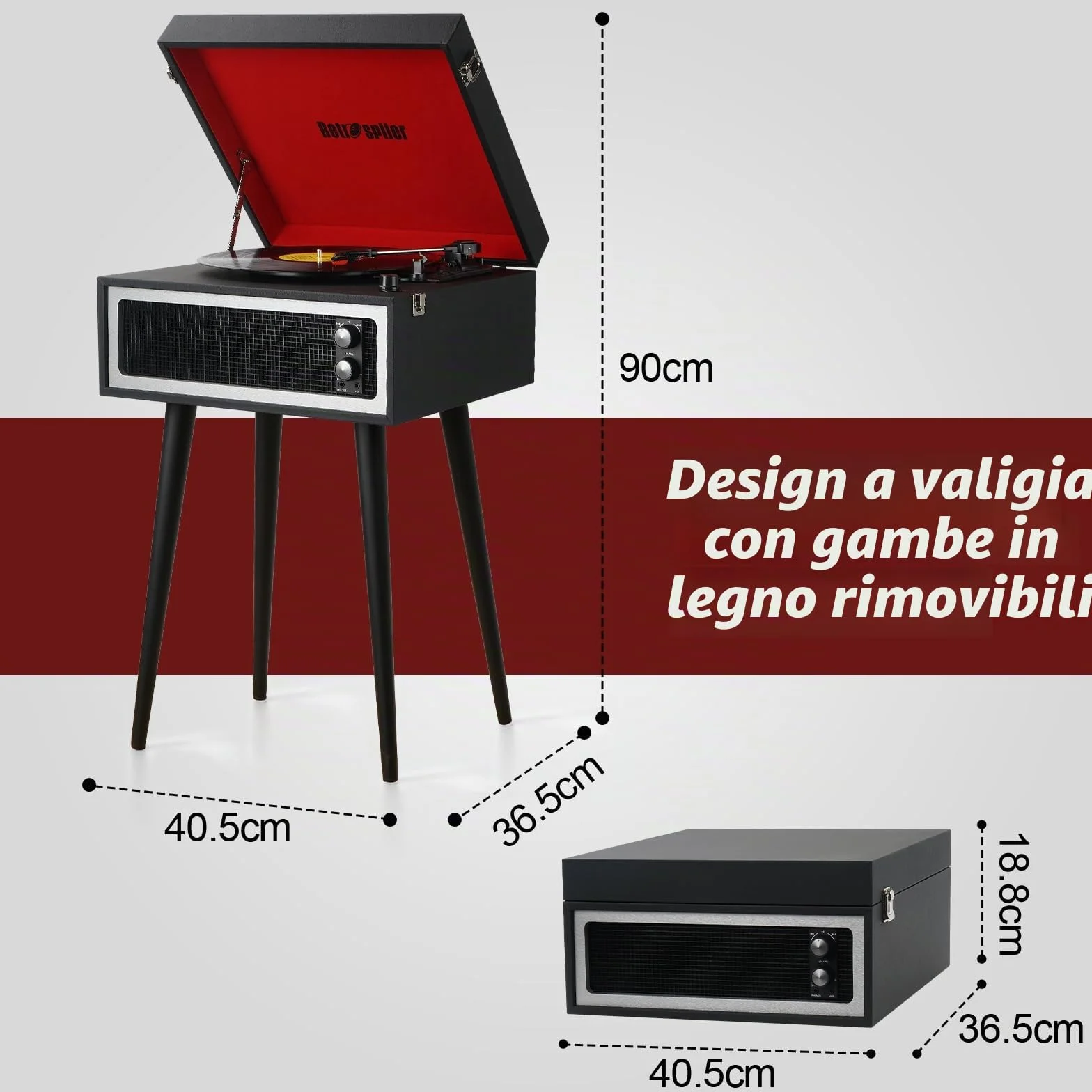 Giradischi Bluetooth 3 Velocità con Altoparlanti Integrati e Gambe Staccabili, Riproduzione USB, Nero