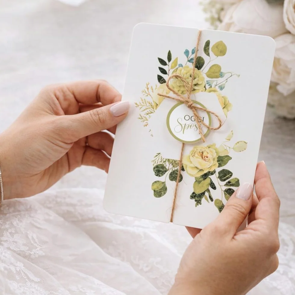 LINA OFFICINE GRAFICHE CREATIVE Biglietto di Auguri per Matrimonio, Stile Elegante, con Applicazione e Cordoncino in Juta, Busta Dorata Inclusa, 11,5 x 16,5 cm
