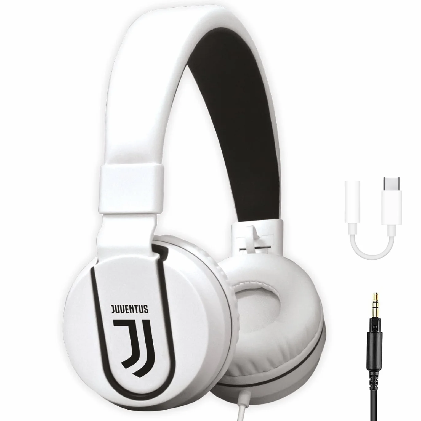 Juventus Football Cuffia On-Ear z mikrofonem, kabel aux, biało-czarna, adapter USB-C