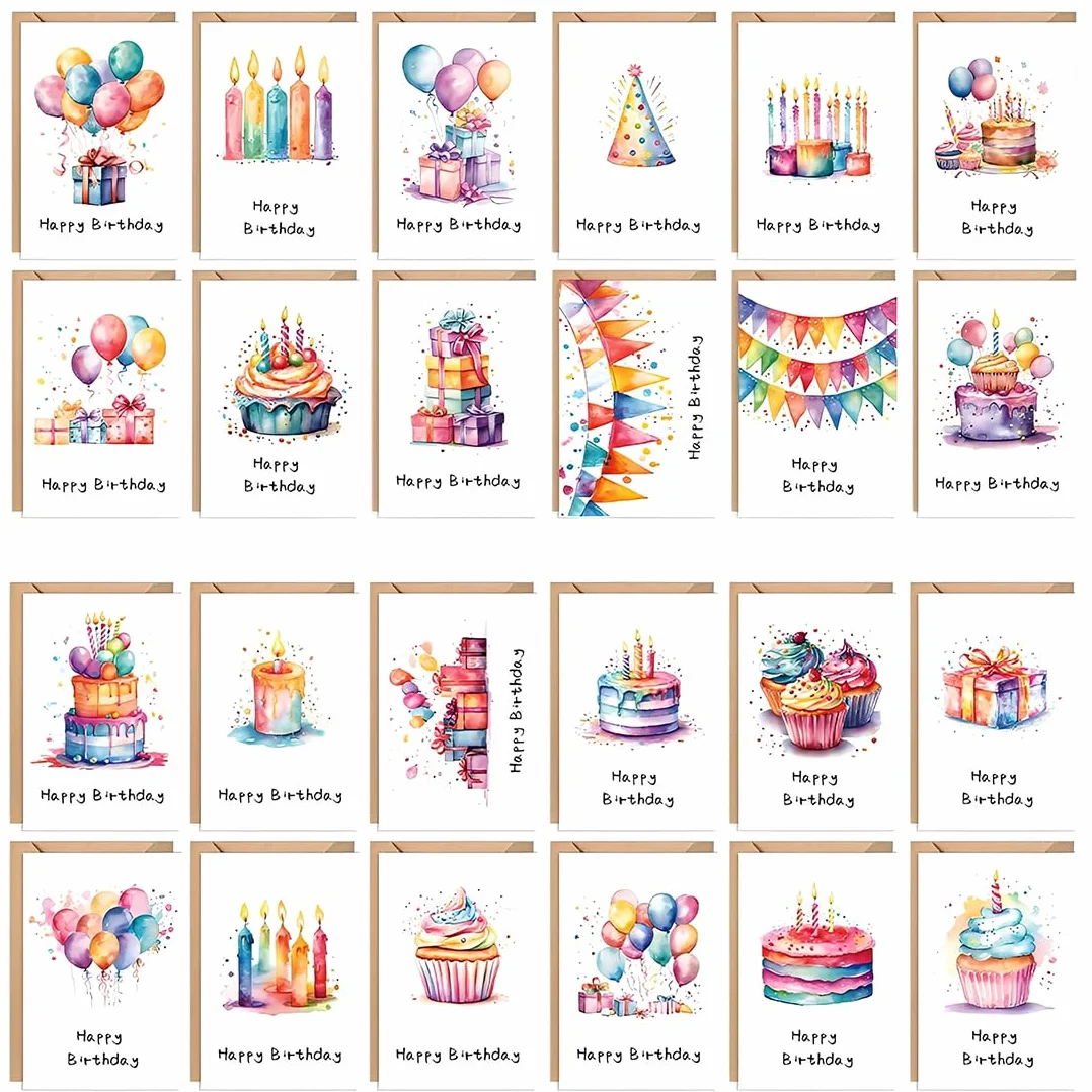 24 Pezzi Biglietti Auguri Compleanno con Busta per Famiglia Bambini Amici