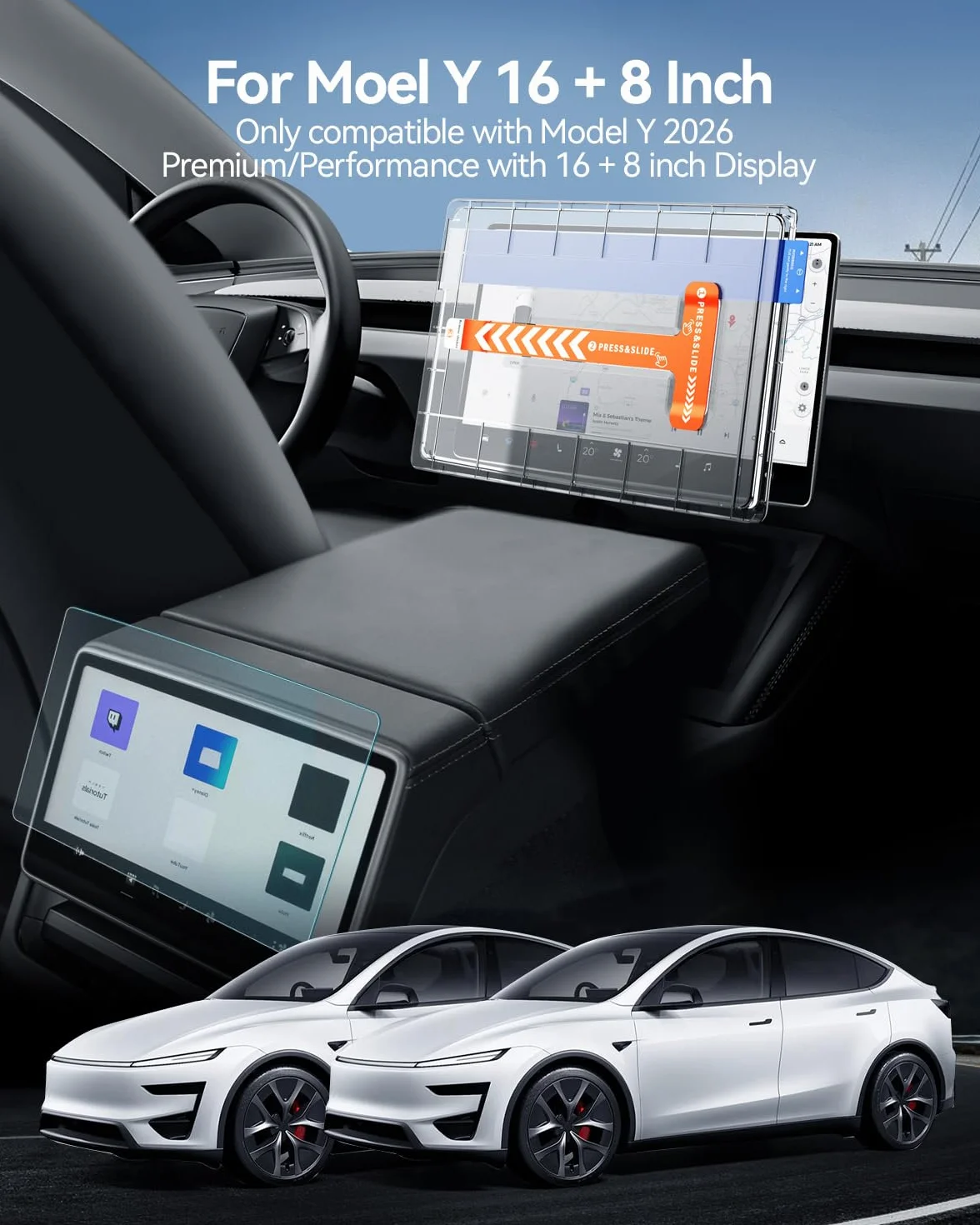 Pellicola Protettiva per Tesla Model Y 2026 Premium/Performance, Opaco Antiriflesso Display 9H Vetro Temperato 2 Pezzi 16" + 8"