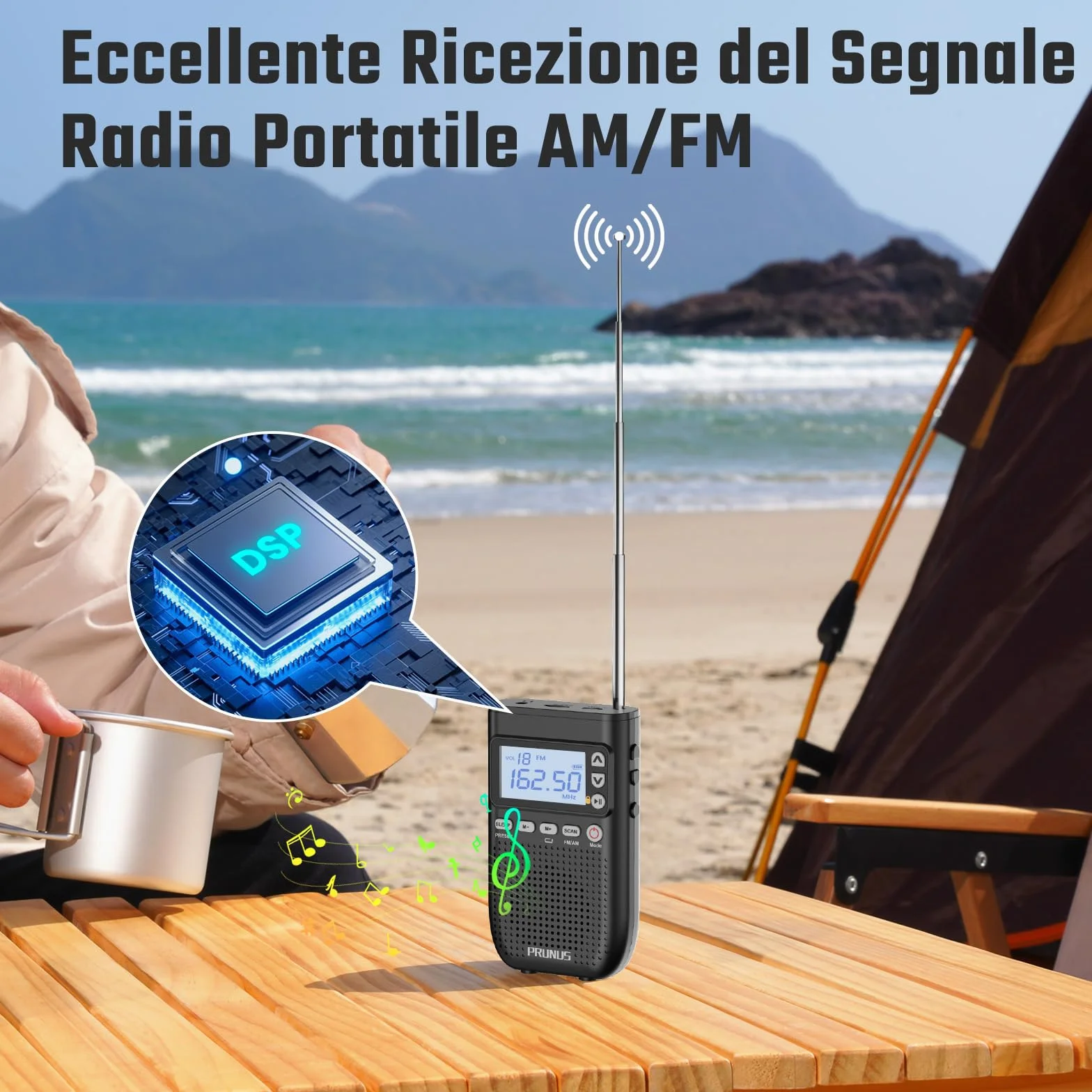 PRUNUS J-618 Radio Portatile AM/FM Bluetooth 2000 mAh Ricaricabile Digitale con Jack Cuffie e Slot TF