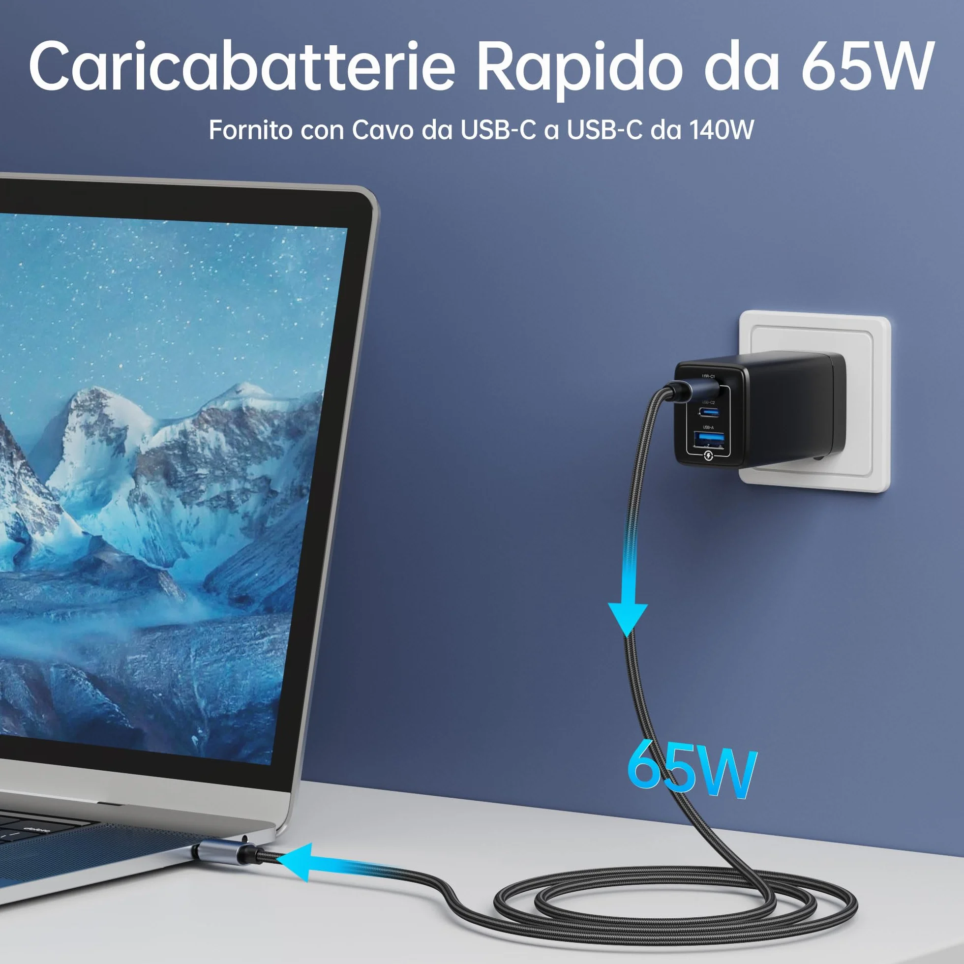 NOHON Caricatore USB-C Rapido 65W GaN PD 3.0 3 Porte Compatibile iPhone 12 13 14 Macbook iPad Samsung Galaxy S