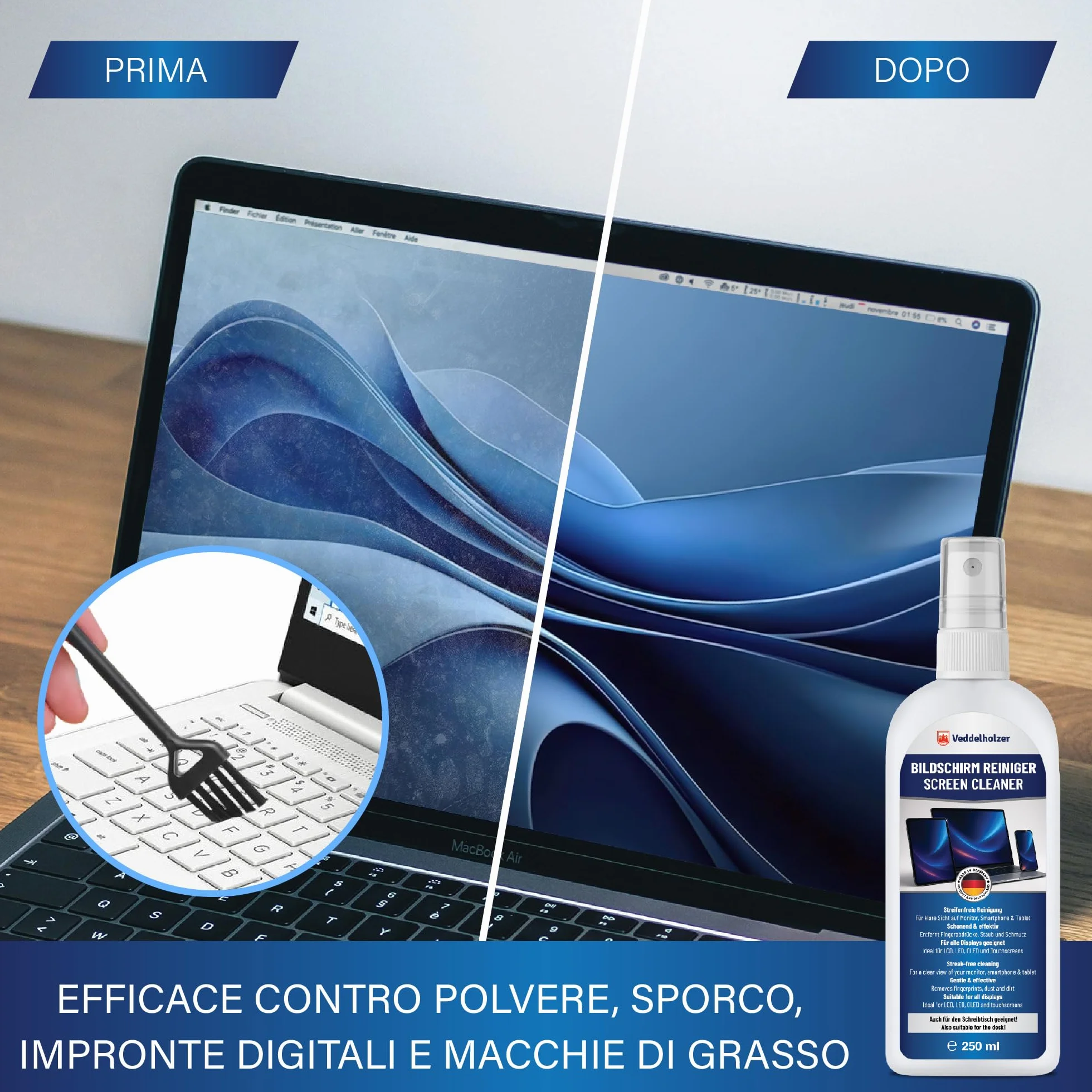 Veddelholzer Set di pulizia dello schermo 250 ml, detergente per display con panno in microfibra e pennello per tastiera