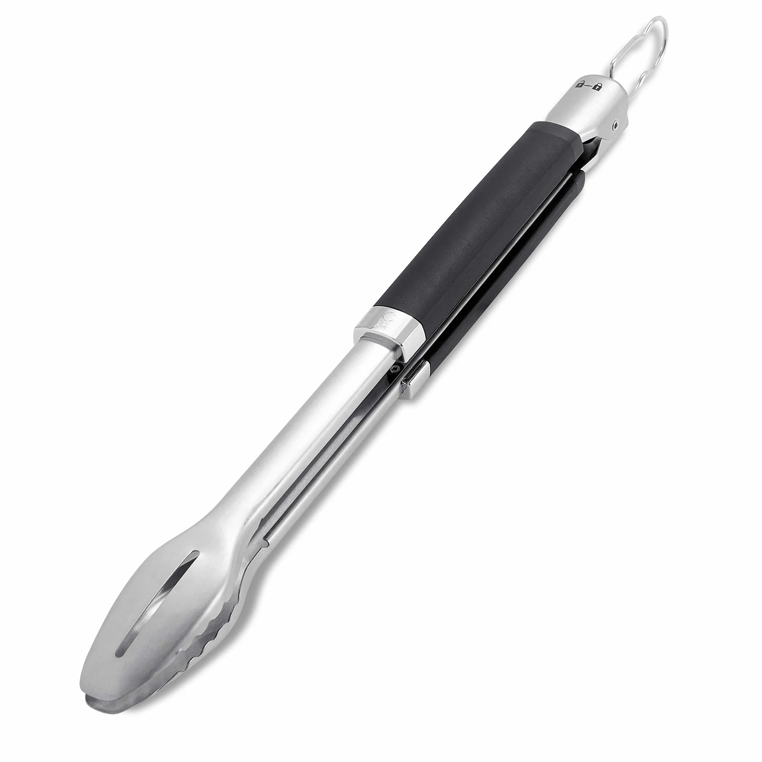Pinze per superficie di cottura Weber Premium (46 cm), in inox, con impugnatura ergonomica e pratico sistema di bloccaggio, lavabili in lavastoviglie, con anello per appenderle - Nero/Argento(6760)