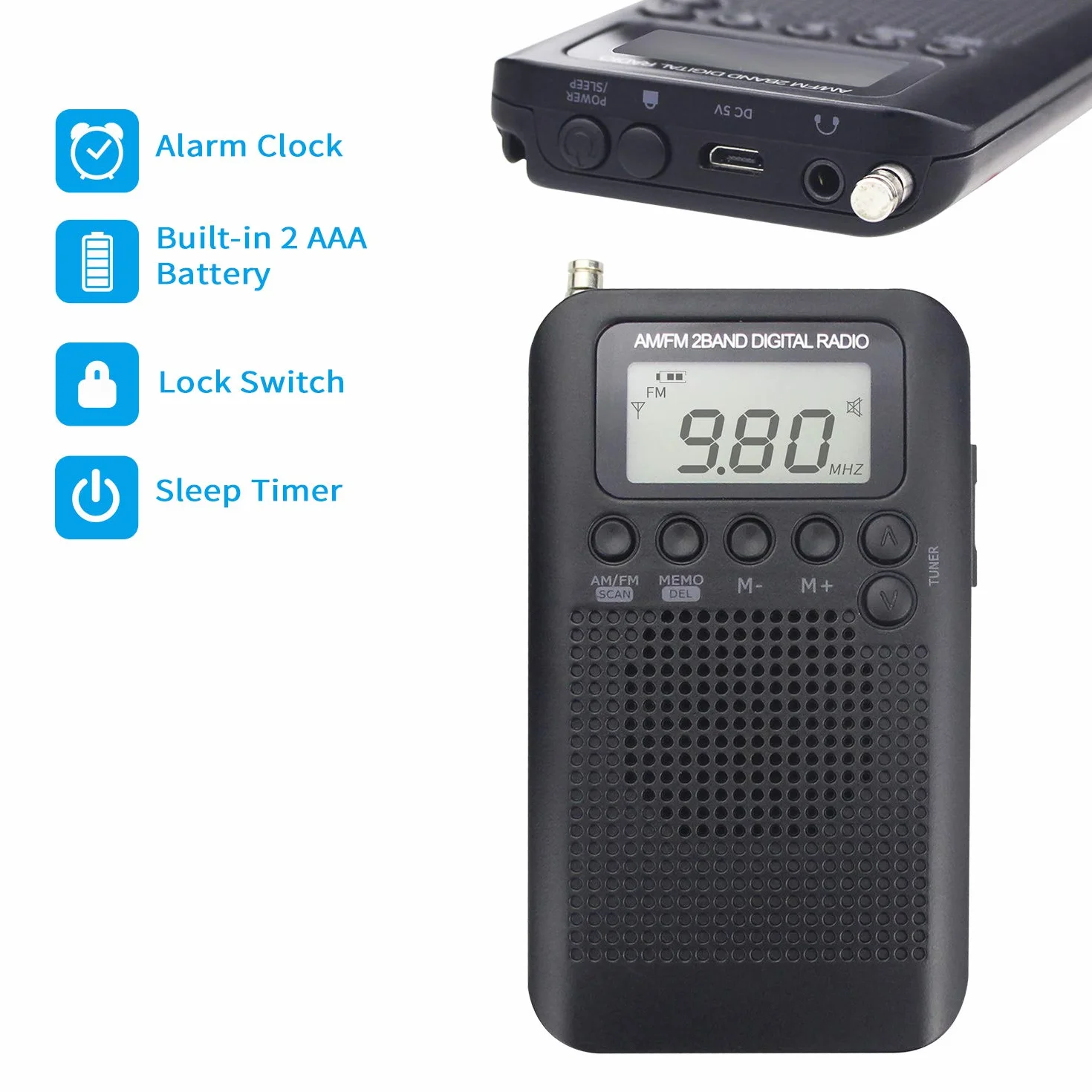Mini Radio Tascabile AM/FM Portatile Digitale con Altoparlante Trasparente Lettore Musicale Sveglia Timer Auricolare