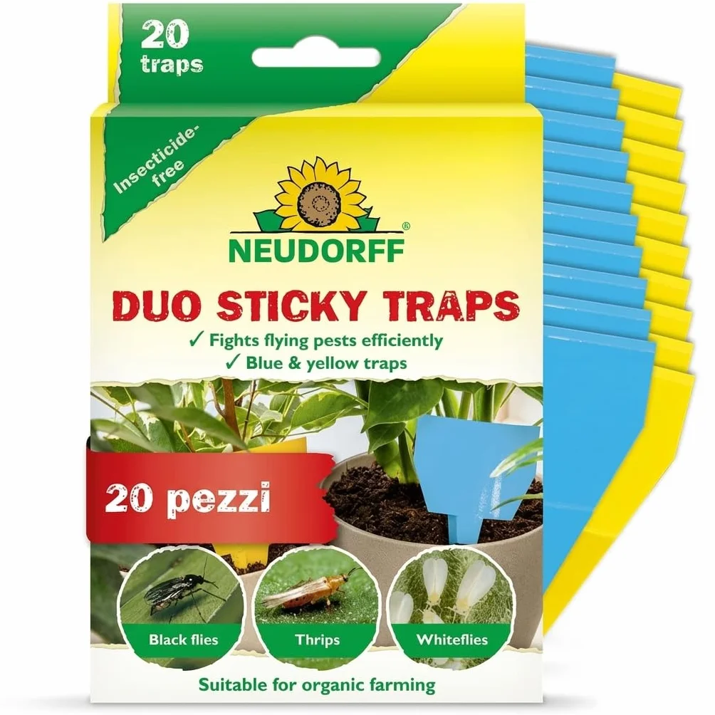 Neudorff Duo Sticky Traps – Trappole adesive blu contro i tripidi e trappole adesive gialle contro i moscerini sciaridi. Senza insetticidi, 20 pezzi
