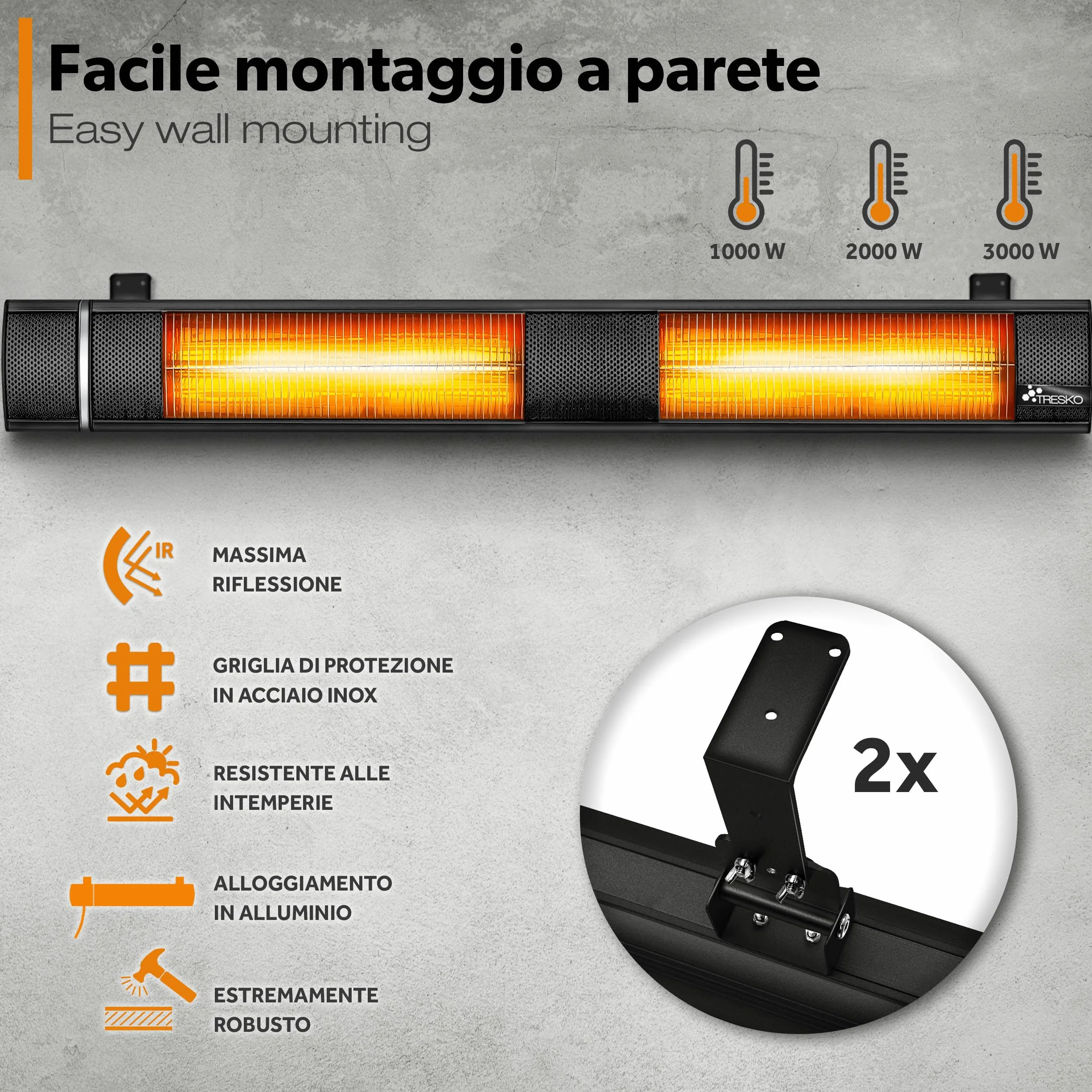 TRESKO Stufa a Infrarossi 3000W Telecomando Riscaldatore Elettrico Patio 3 Livelli Calore Riscaldatore Quarzo Nero