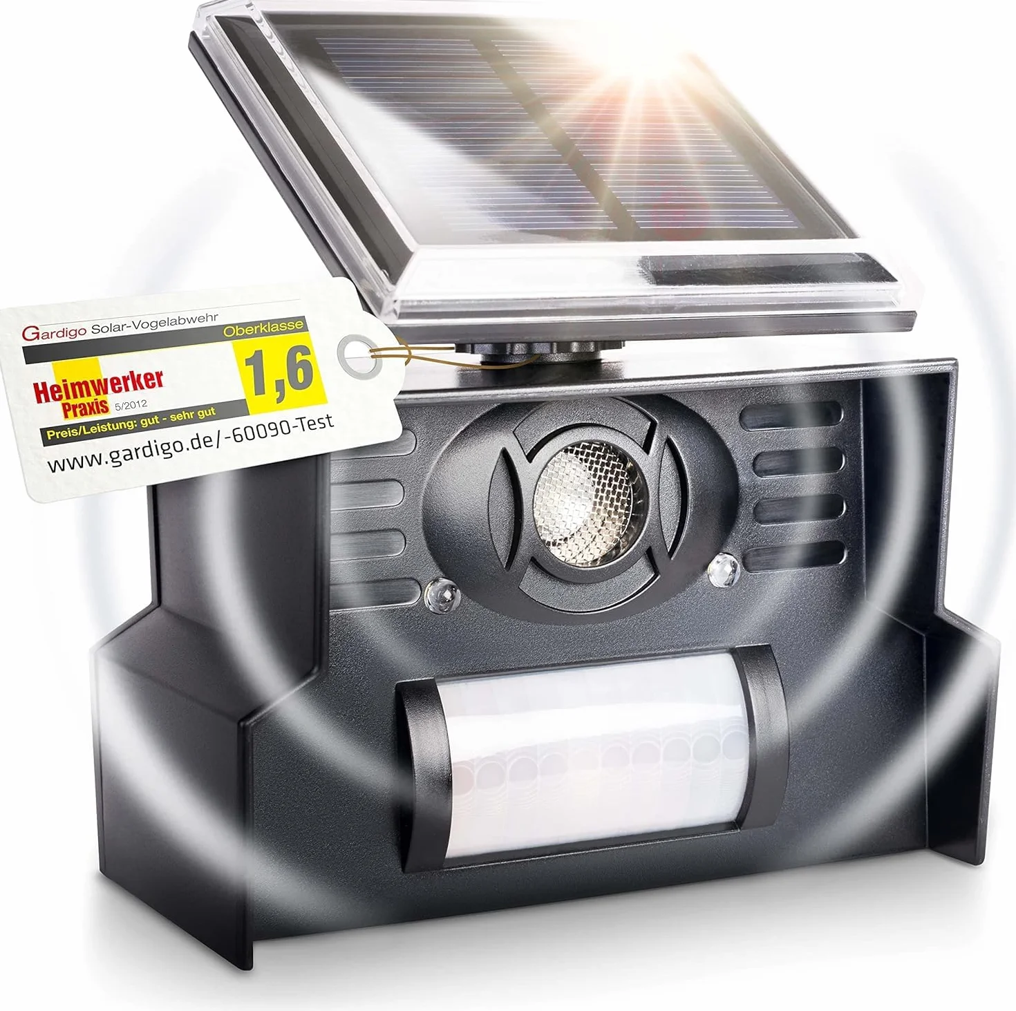 GARDIGO® Dissuasore per Piccioni | Ultrasuoni per Piccioni | Spaventa Uccelli con Pannello Solare | Deterrente Uccelli con Luce Flash a LED | 23-50 kHz | Copertura 110°/7 m | Antipiccioni