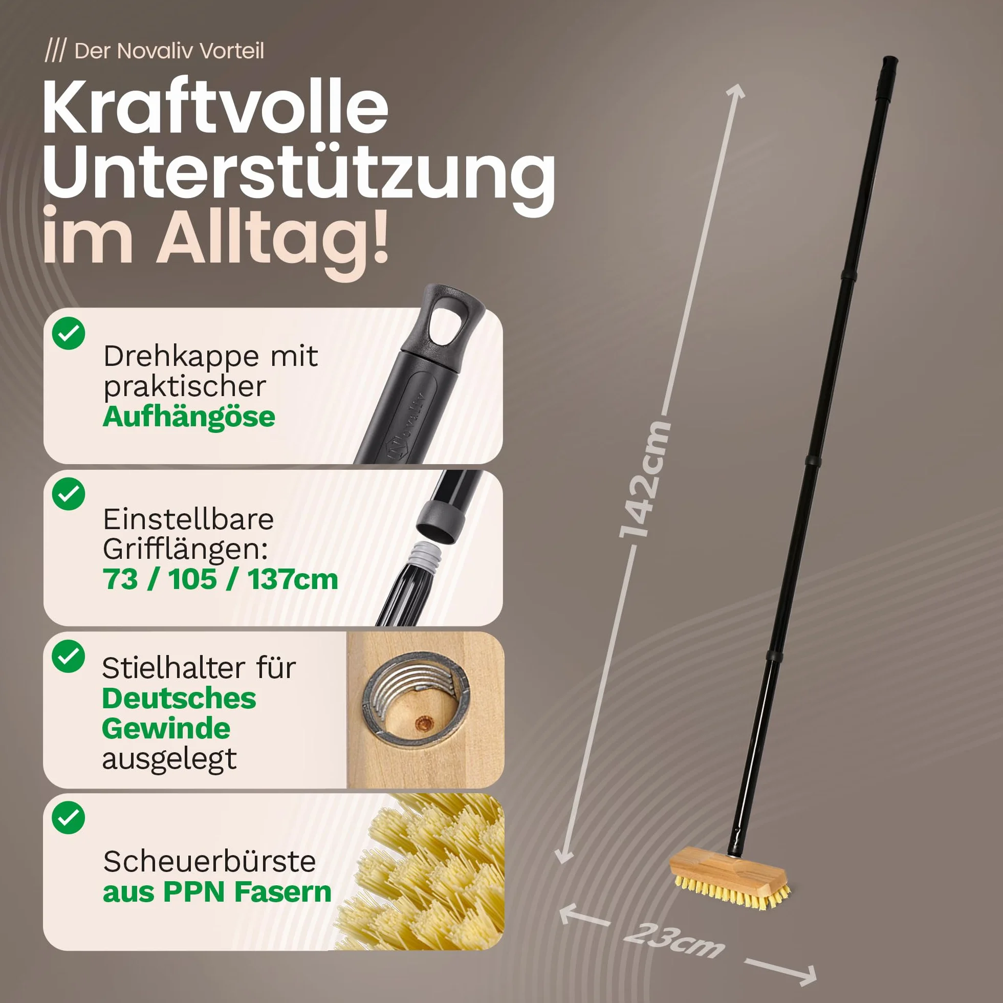 Novaliv Scrubber in legno con setole con filettatura e manico a vite, 4 pezzi, spazzola per pavimenti PPN, ideale per la pulizia di balcone, terrazza, giardino, interni ed esterni