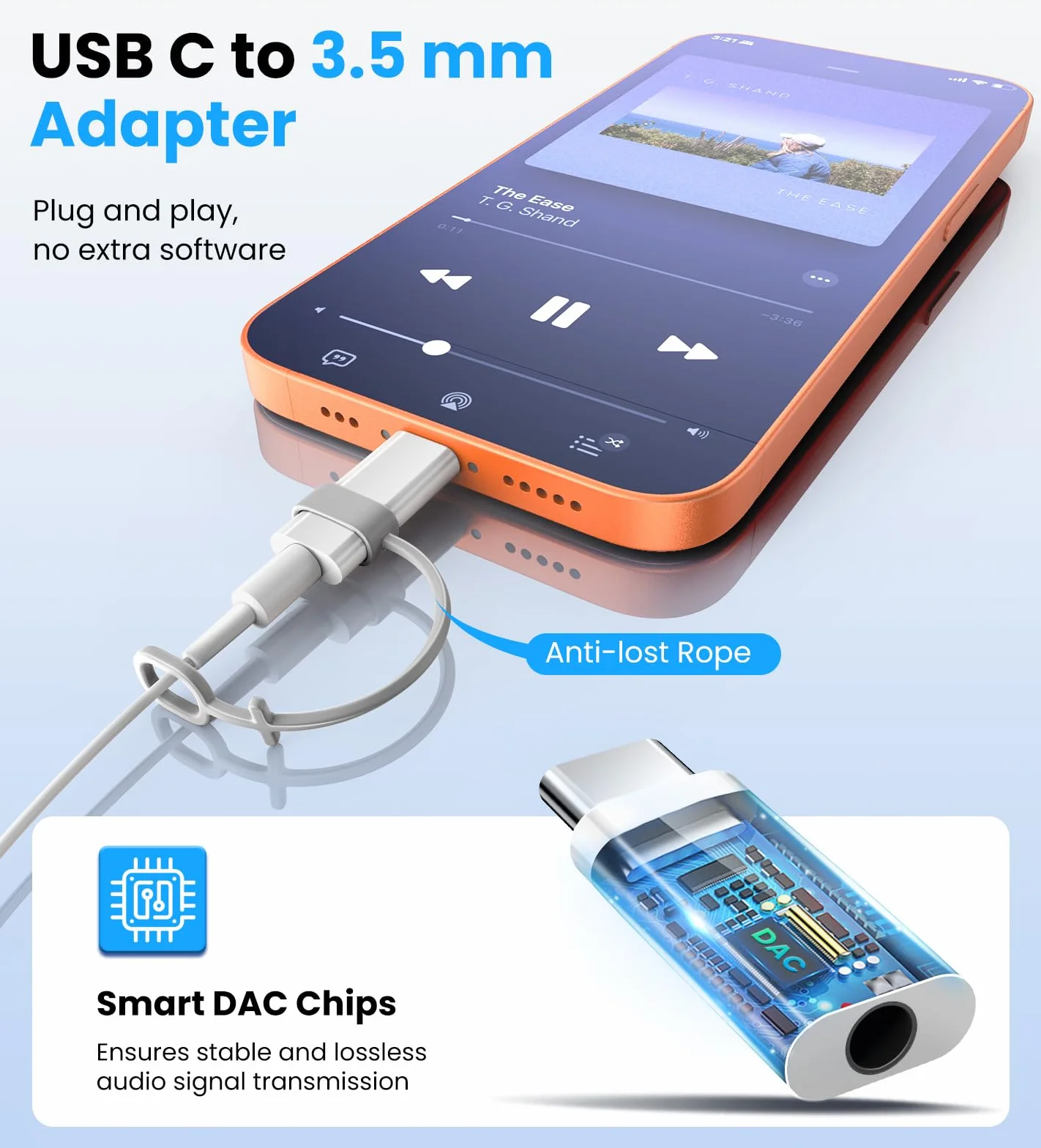 TiMOVO Adattatore da USB C a Cuffie Audio da 3,5 mm, Tipo C a Jack Aux con Anello Anti-Perdita, Bianco