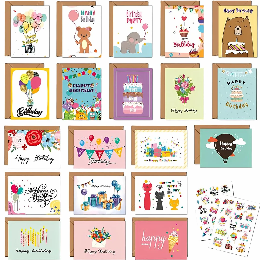Biglietti Auguri Compleanno 20 Pezzi con Buste e Adesivi per Famiglia Bambini Amici