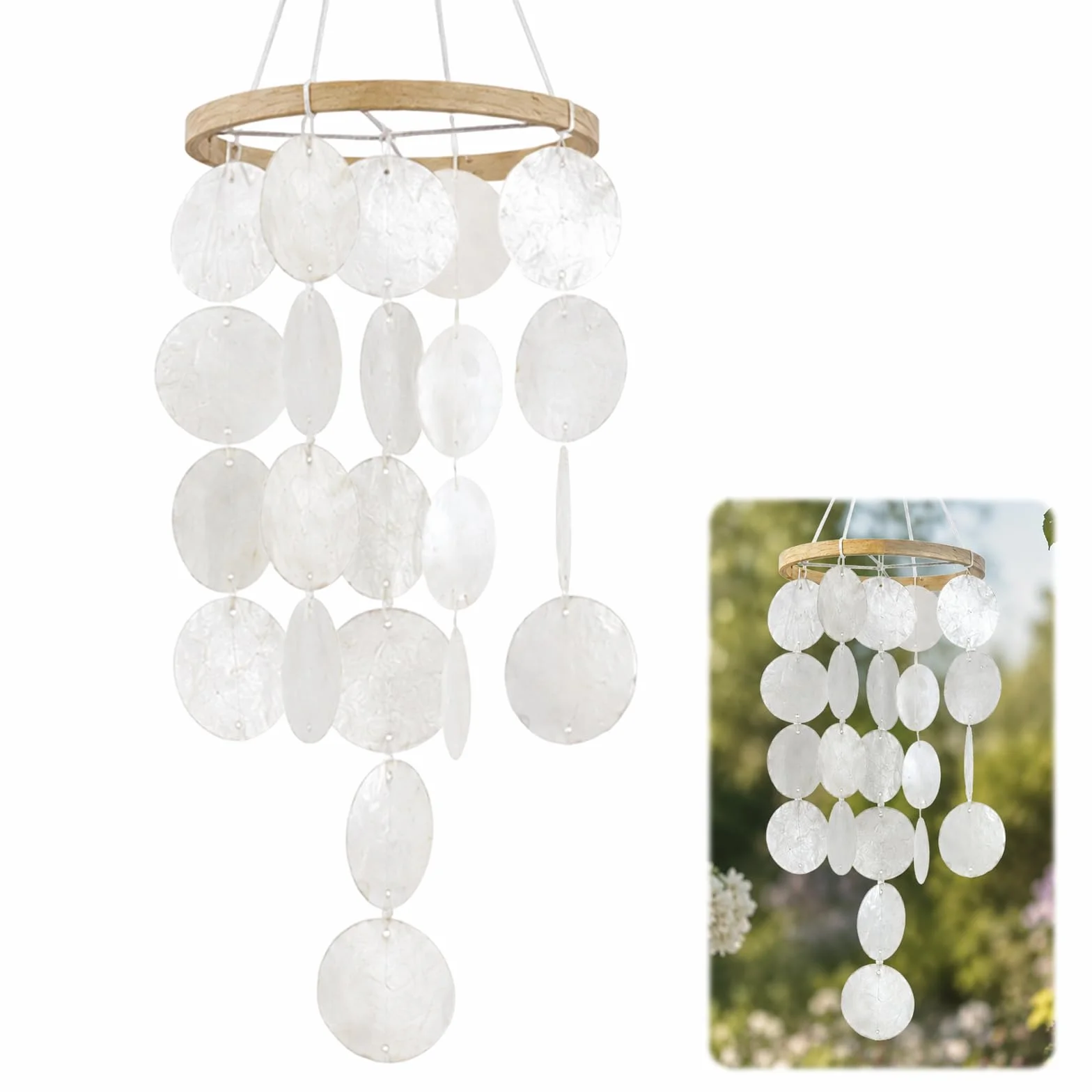 Scacciapensieri a vento con conchiglie, lunghezza 73 cm, colore bianco, stile boho, decorazione da appendere, per giardino, finestra, balcone, esterni e interni
